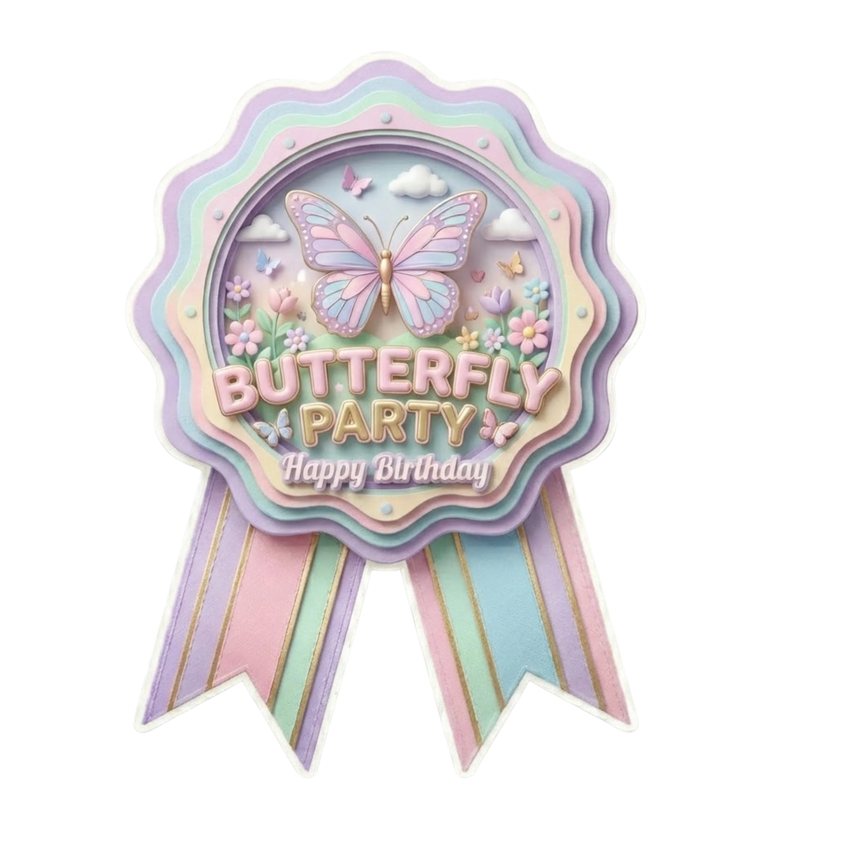 Butterfly Theme Paper Badges For Kids Birthday Party Supplies (Pack Of 16) - 300 GSM Premium Cardstock with Pin (3.7 x 3 Inch)