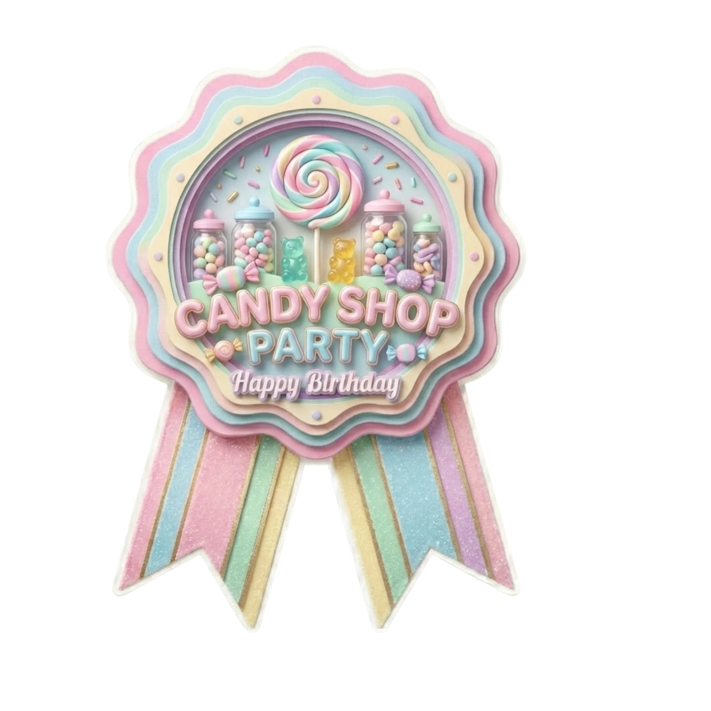 Candy Shop Theme Paper Badges For Kids Birthday Party Supplies (Pack Of 16) - 300 GSM Premium Cardstock with Pin (3.7 x 3 Inch)