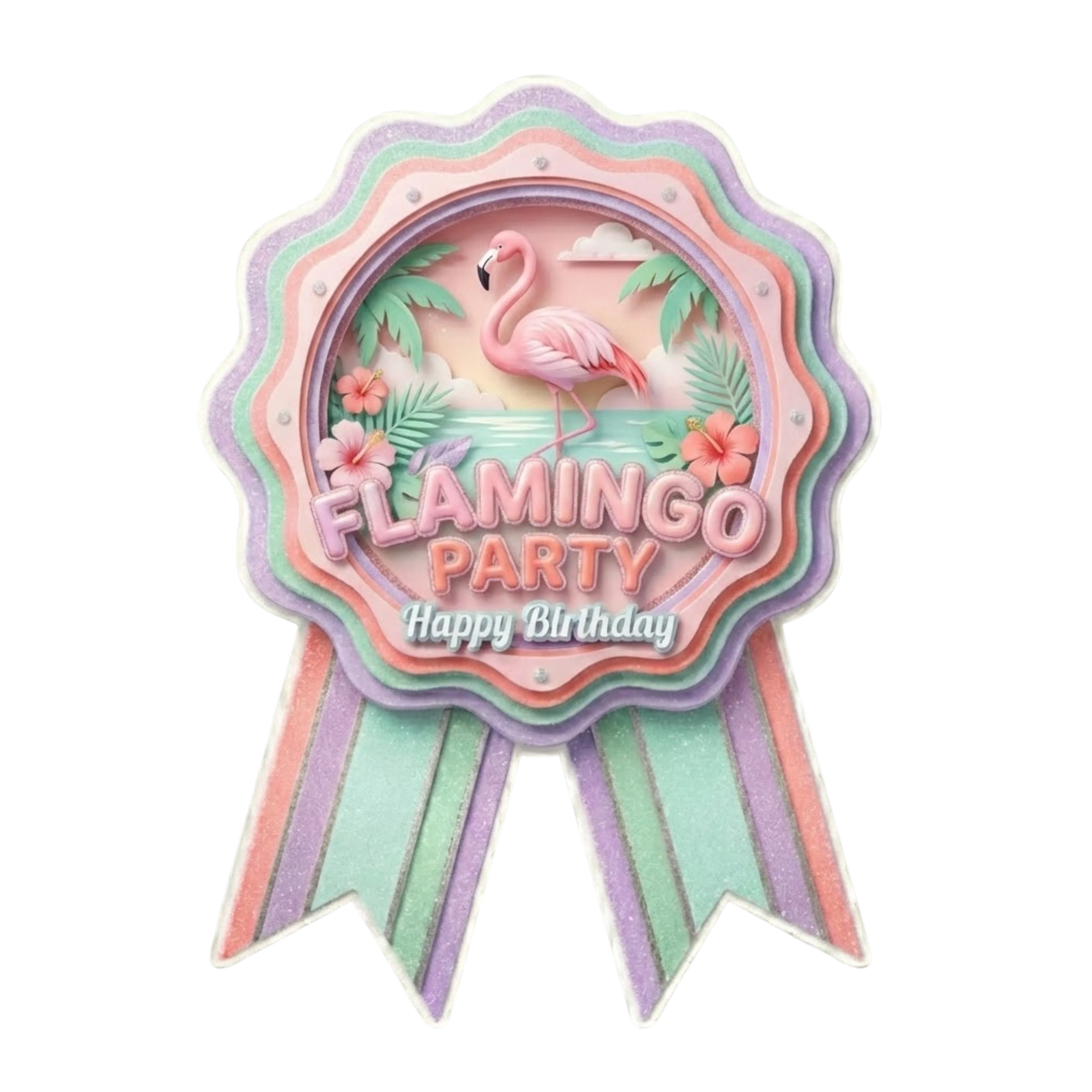 Flamingo Theme Paper Badges For Kids Birthday Party Supplies (Pack Of 16) - 300 GSM Premium Cardstock with Pin (3.7 x 3 Inch)