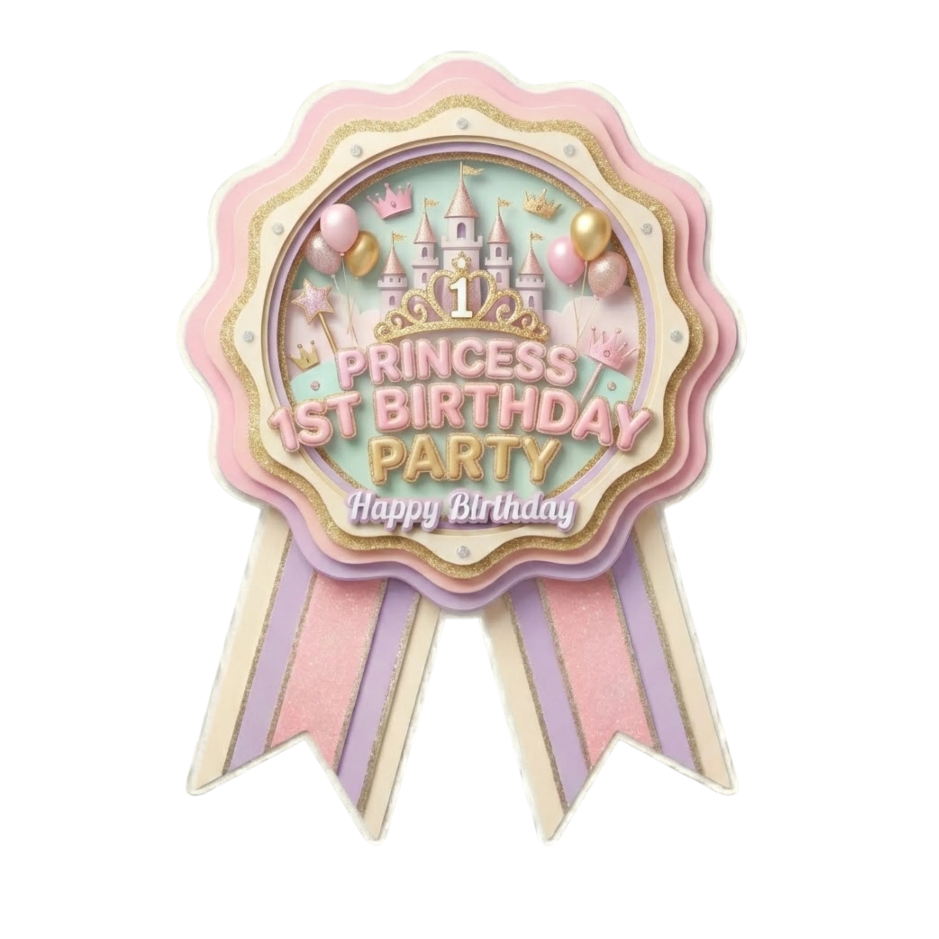 Princess 1st Birthday Theme Paper Badges For Kids Birthday Party Supplies (Pack Of 16) - 300 GSM Premium Cardstock with Pin (3.7 x 3 Inch)