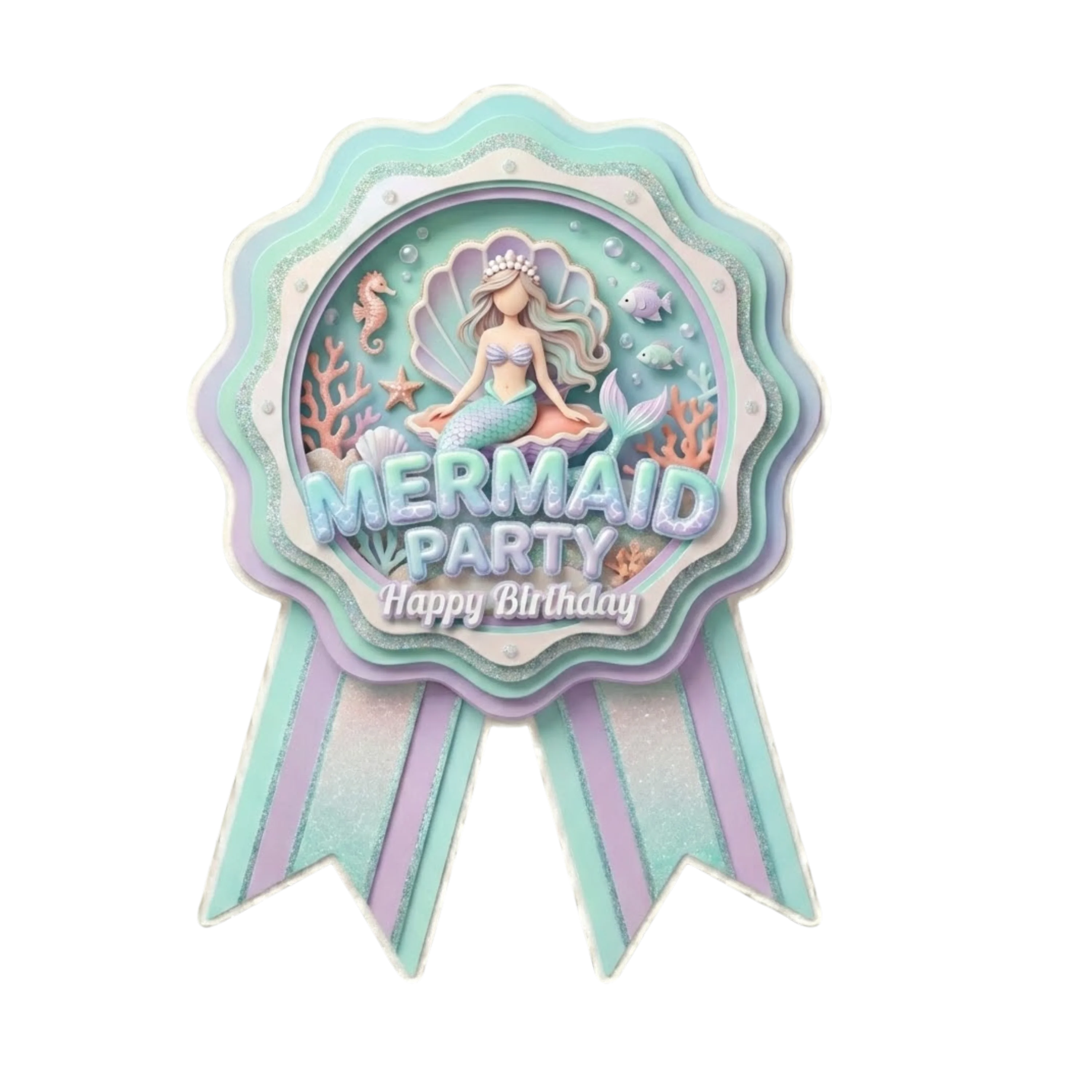 Mermaid Theme Paper Badges For Kids Birthday Party Supplies (Pack Of 16) - 300 GSM Premium Cardstock with Pin (3.7 x 3 Inch)