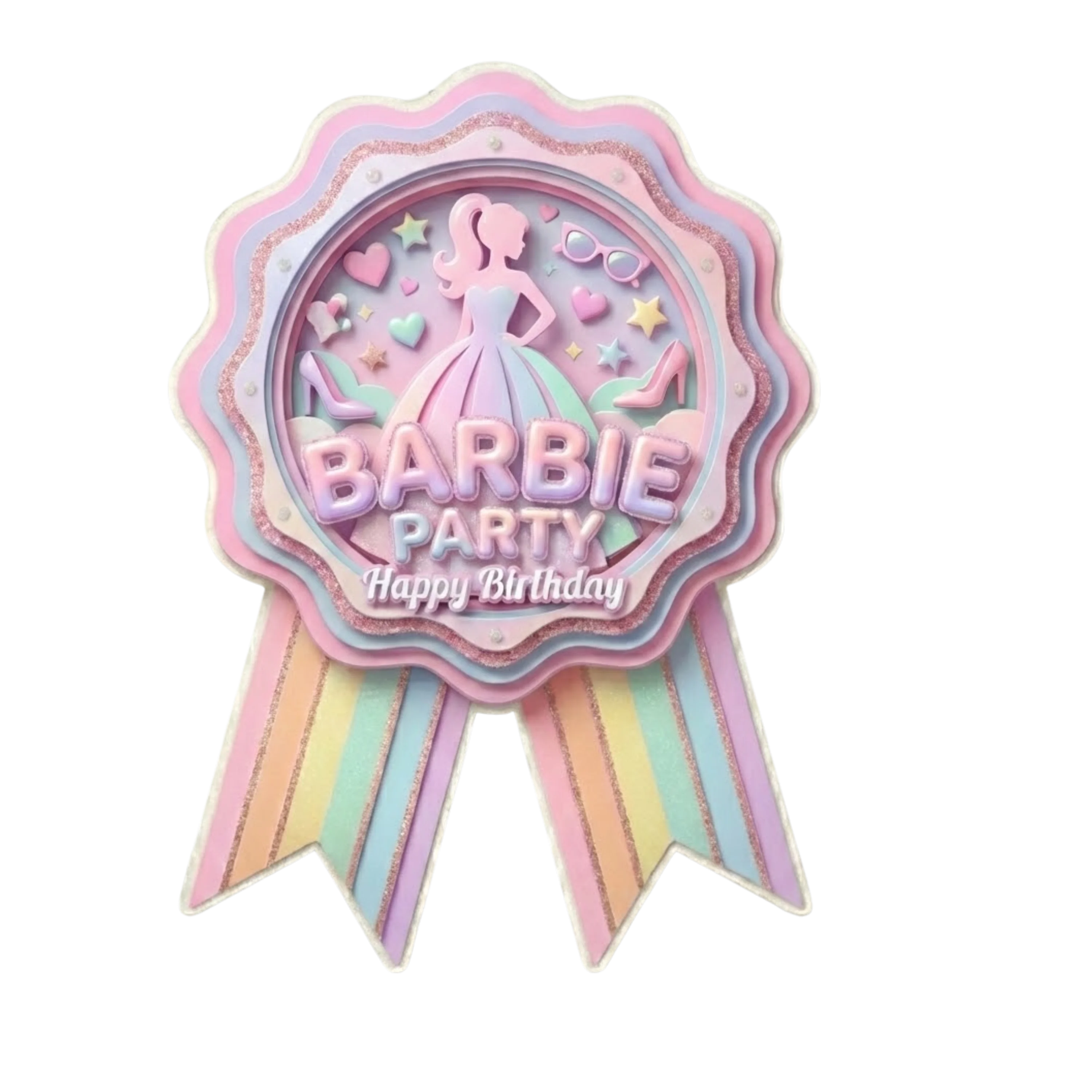 Barbie Theme Paper Badges For Kids Birthday Party Supplies (Pack Of 16) - 300 GSM Premium Cardstock with Pin (3.7 x 3 Inch) - Premium Handcrafted 300 GSM Theme Badges by Party Decor Mall India - View 1