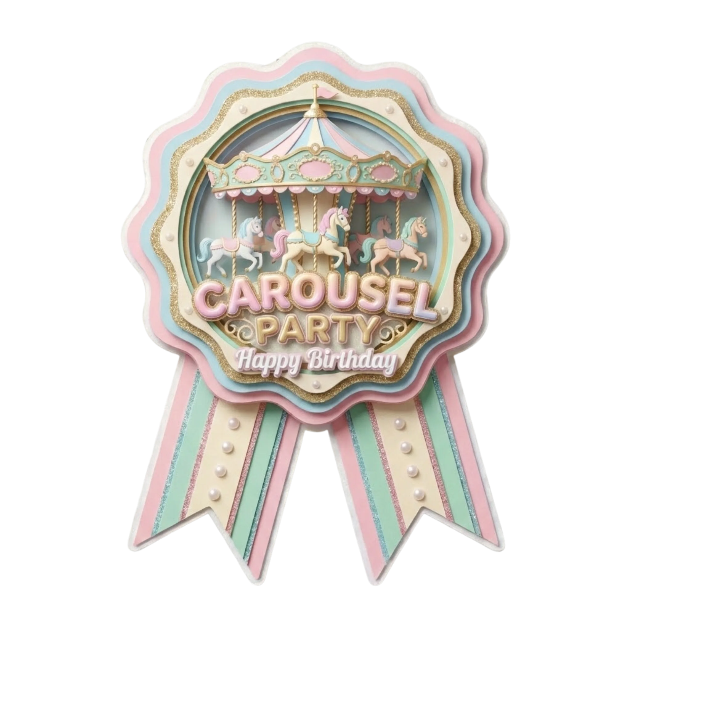 Carousel Theme Paper Badges For Kids Birthday Party Supplies (Pack Of 16) - 300 GSM Premium Cardstock with Pin (3.7 x 3 Inch)
