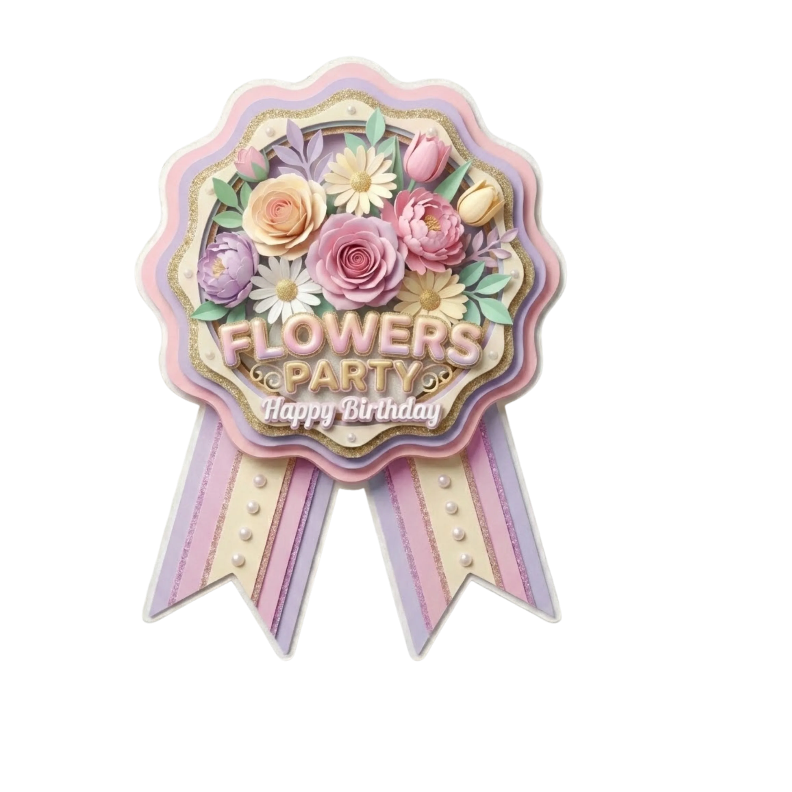 Flowers Theme Paper Badges For Kids Birthday Party Supplies (Pack Of 16) - 300 GSM Premium Cardstock with Pin (3.7 x 3 Inch)