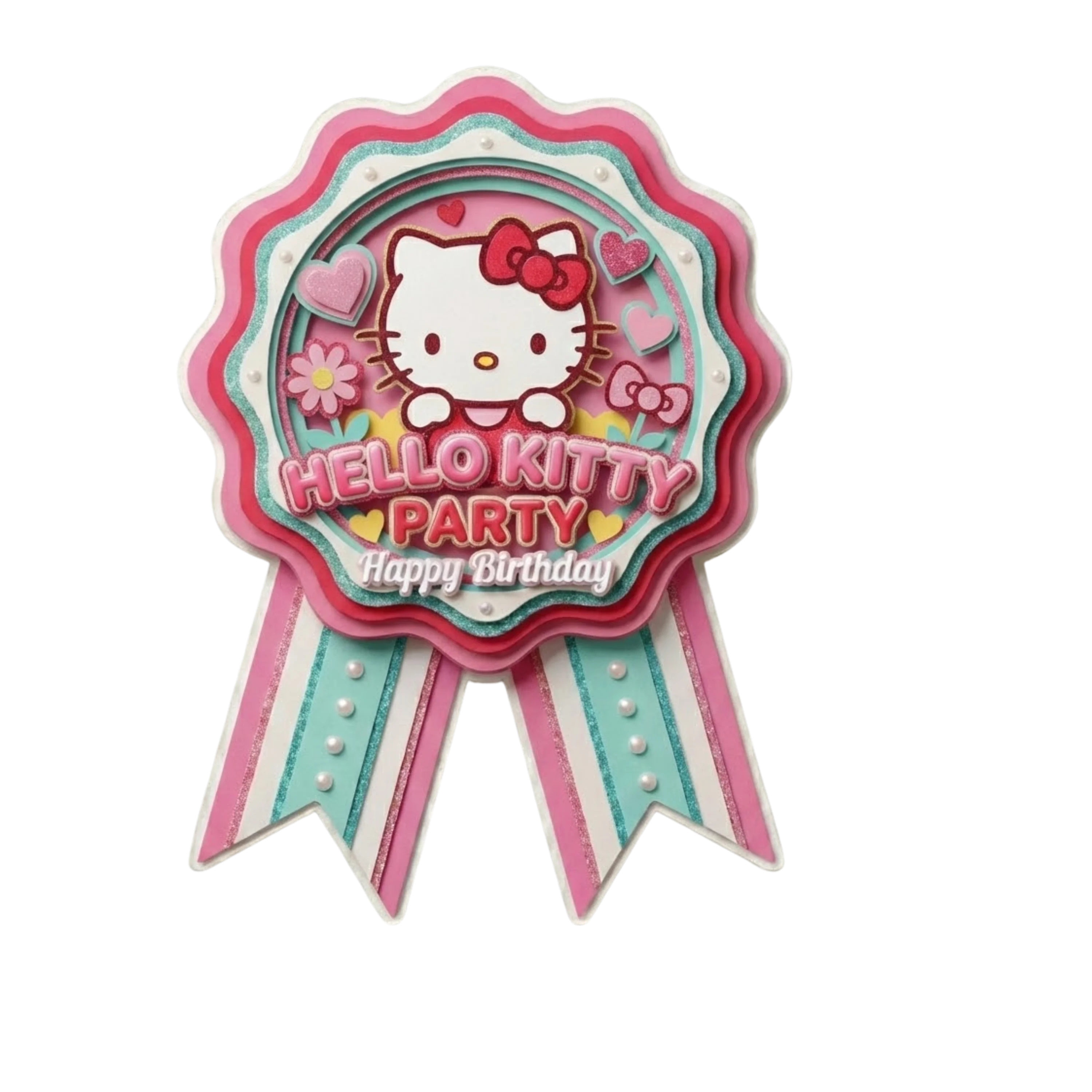 Hello Kitty Theme Paper Badges For Kids Birthday Party Supplies (Pack Of 16) - 300 GSM Premium Cardstock with Pin (3.7 x 3 Inch)