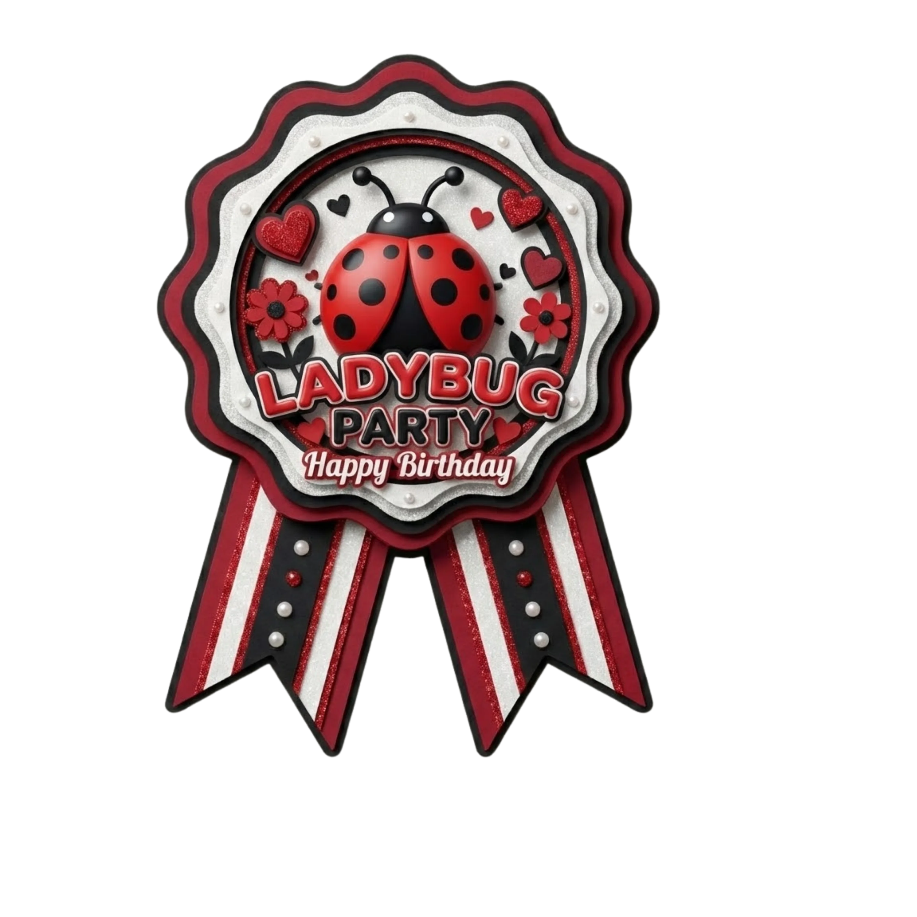 Lady Bug Theme Paper Badges For Kids Birthday Party Supplies (Pack Of 16) - 300 GSM Premium Cardstock with Pin (3.7 x 3 Inch)