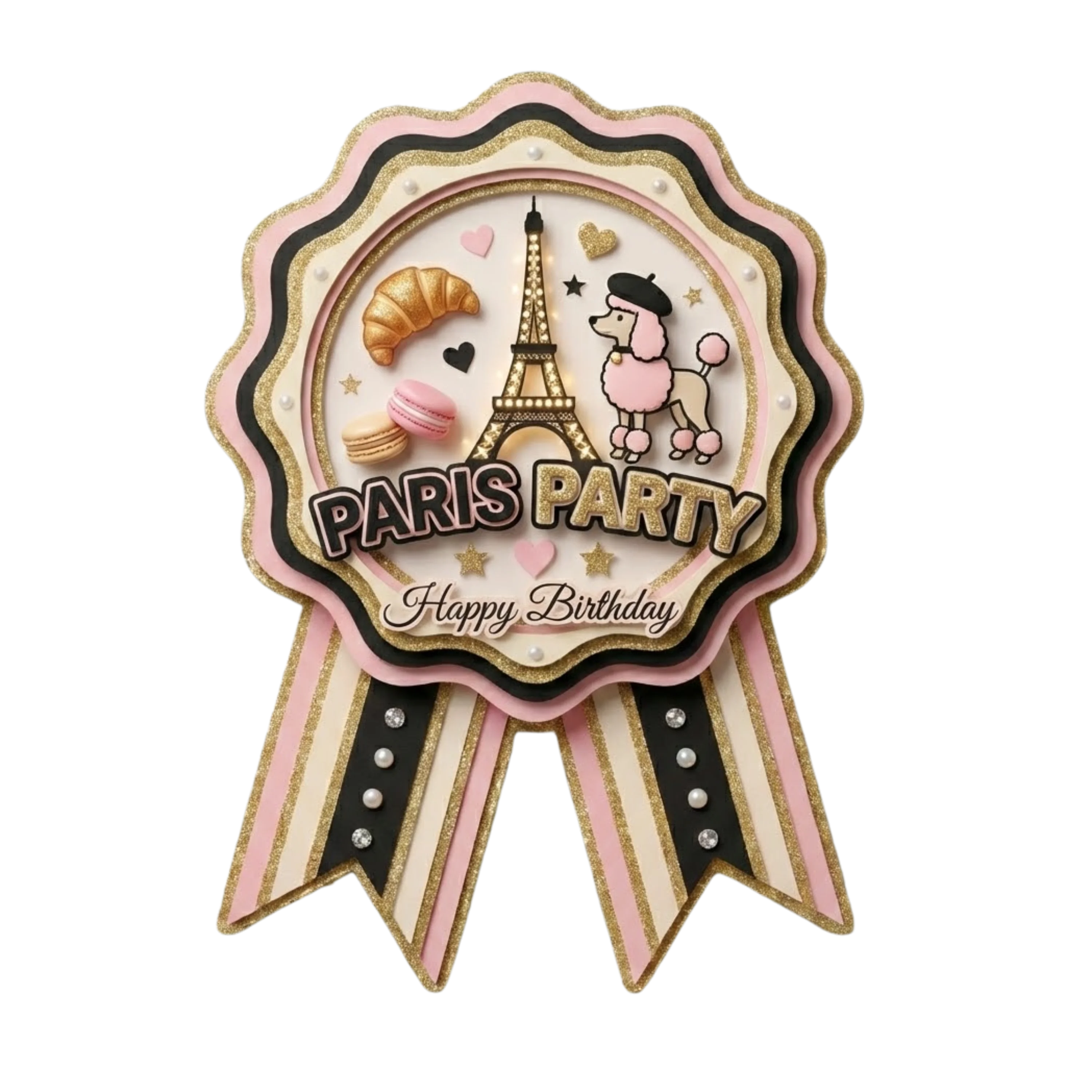 Paris Theme Paper Badges For Kids Birthday Party Supplies (Pack Of 16) - 300 GSM Premium Cardstock with Pin (3.7 x 3 Inch)