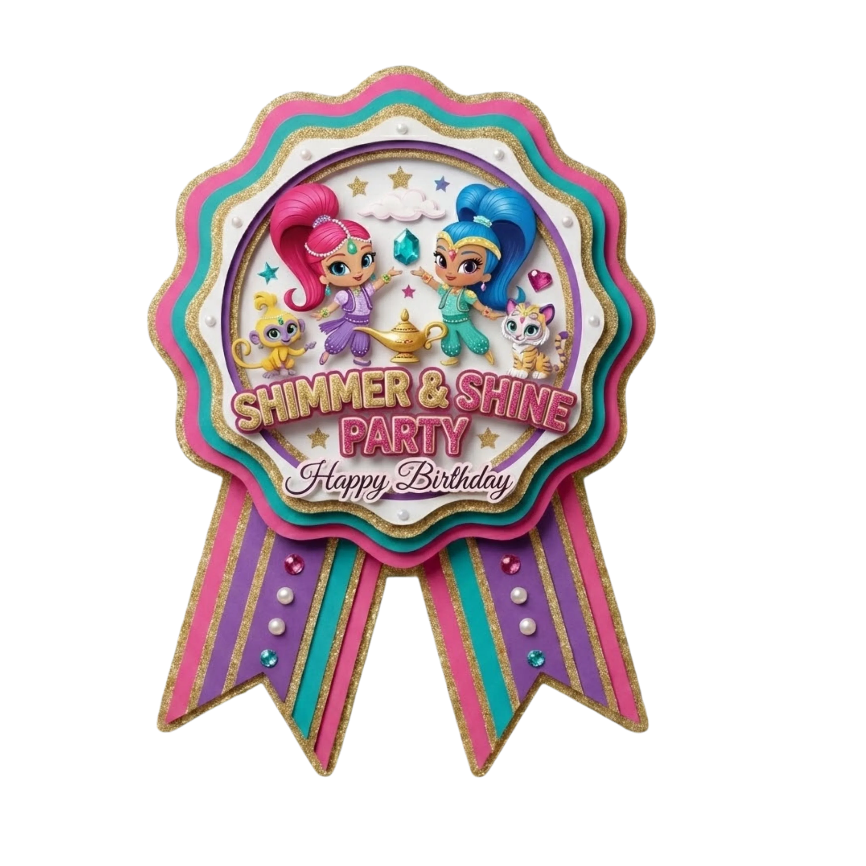 Shimmer & Shine Theme Paper Badges For Kids Birthday Party Supplies (Pack Of 16) - 300 GSM Premium Cardstock with Pin (3.7 x 3 Inch) - Premium Handcrafted 300 GSM Theme Badges by Party Decor Mall India - View 1