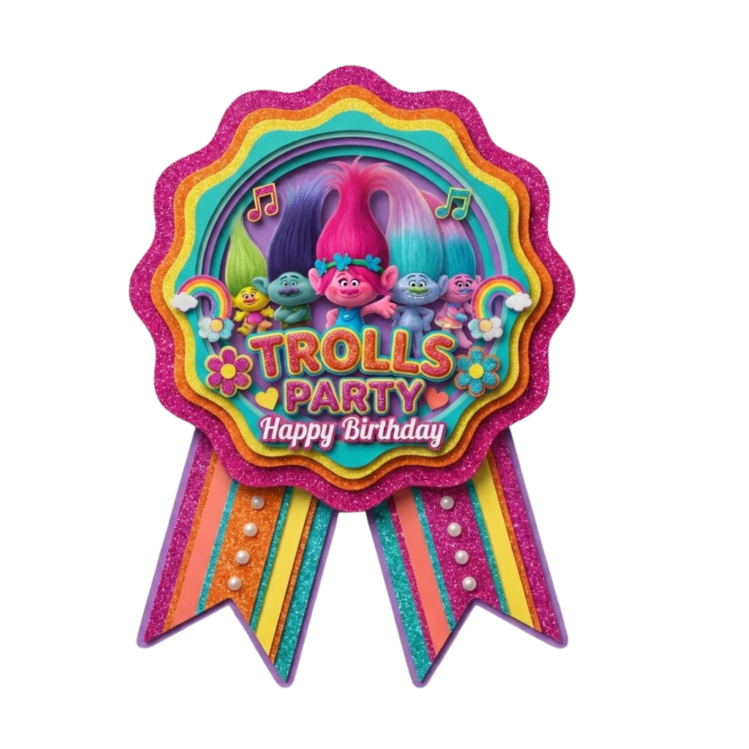 Trolls Theme Paper Badges For Kids Birthday Party Supplies (Pack Of 16) - 300 GSM Premium Cardstock with Pin (3.7 x 3 Inch)