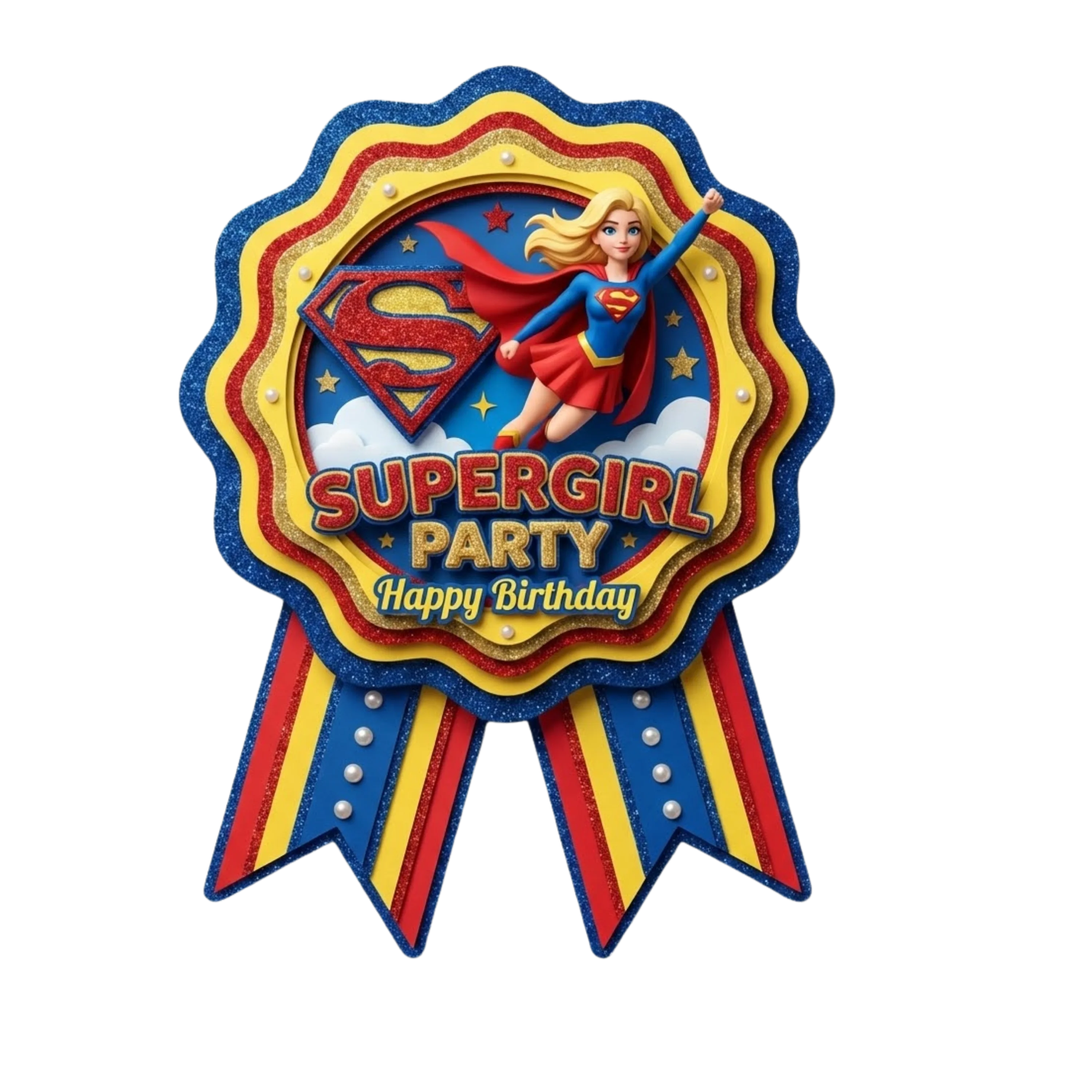 Supergirl Theme Paper Badges For Kids Birthday Party Supplies (Pack Of 16) - 300 GSM Premium Cardstock with Pin (3.7 x 3 Inch)