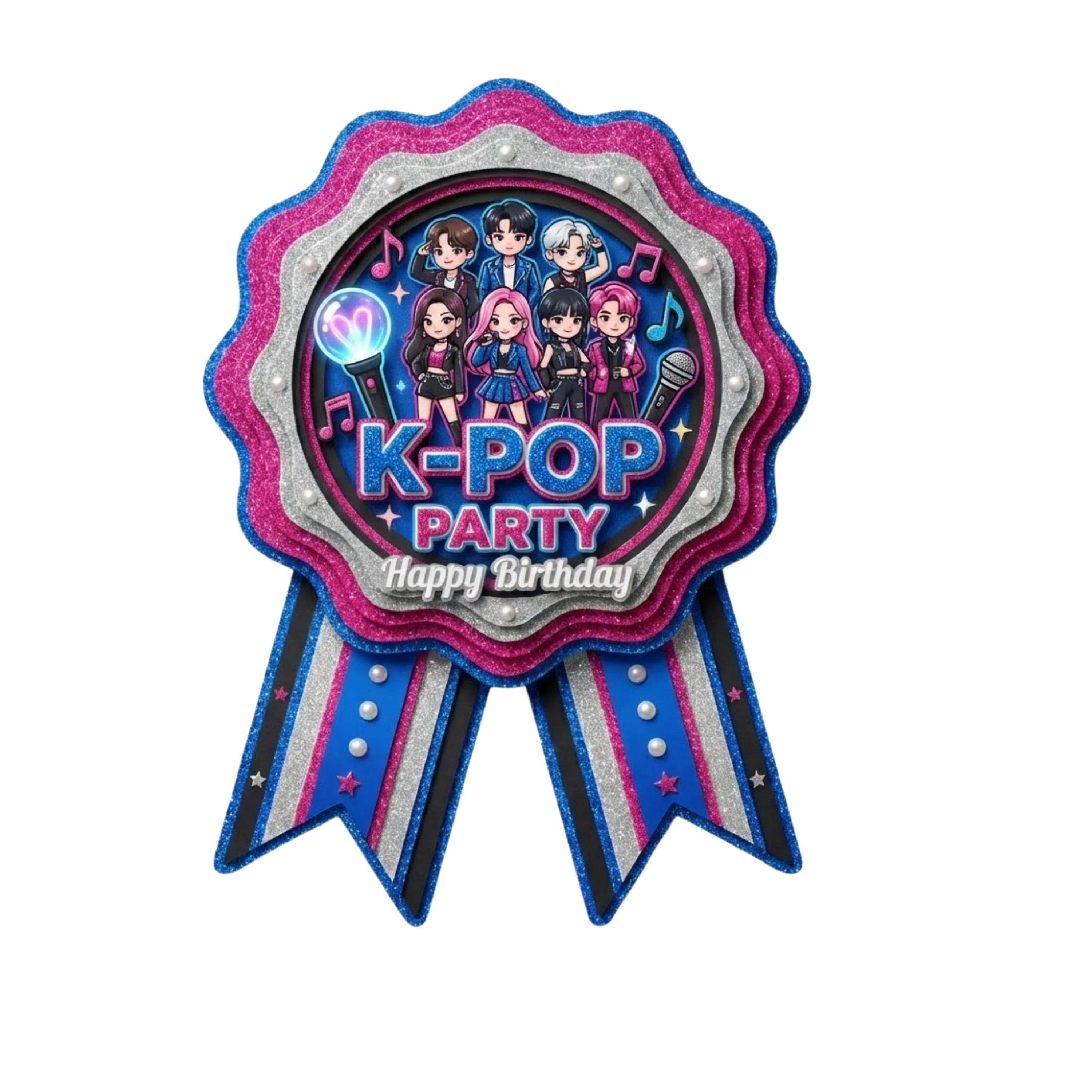 K-Pop Theme Paper Badges For Kids Birthday Party Supplies (Pack Of 16) - 300 GSM Premium Cardstock with Pin (3.7 x 3 Inch)