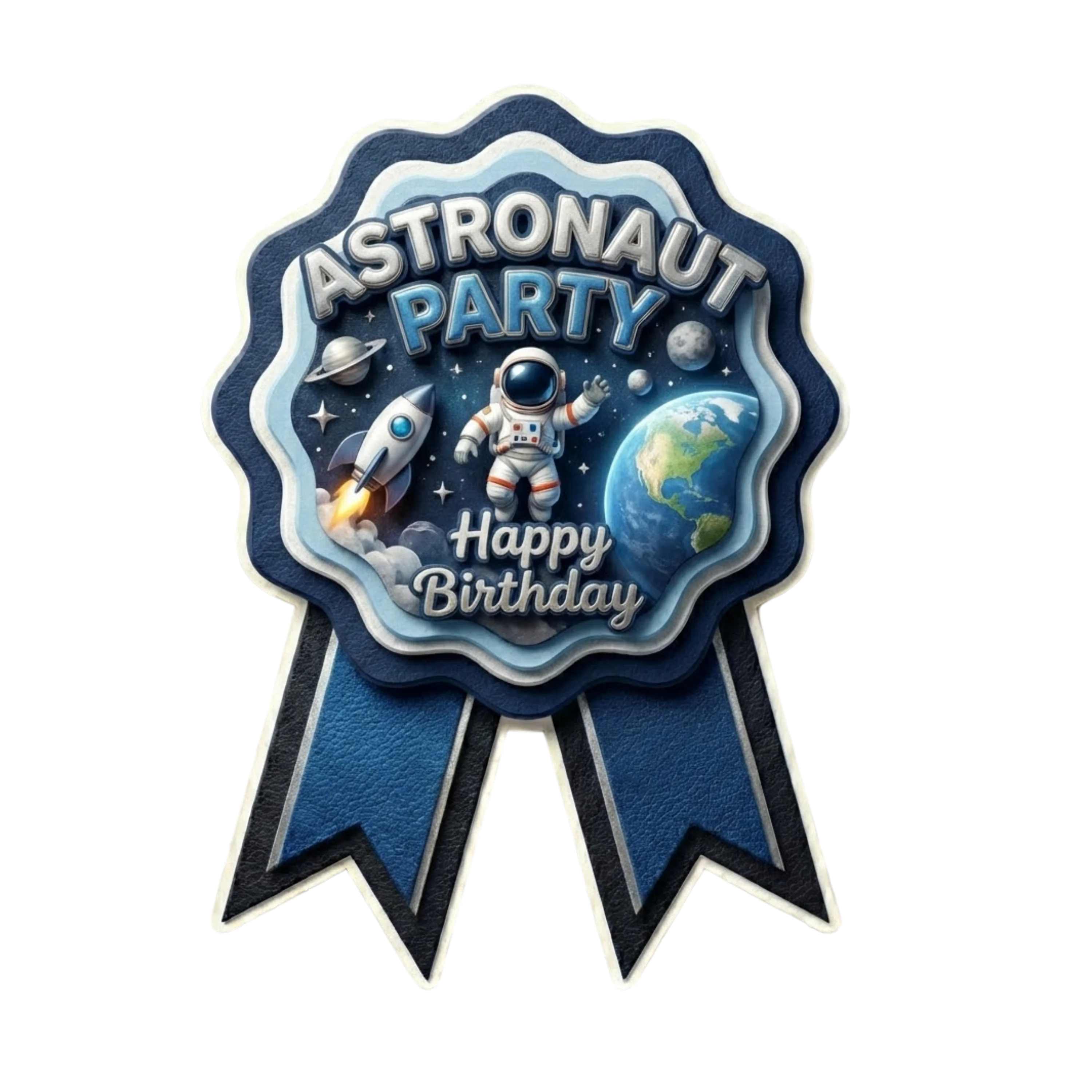 Astronaut Theme Paper Badges For Kids Birthday Party Supplies (Pack Of 16) - 300 GSM Premium Cardstock with Pin (3.7 x 3 Inch)