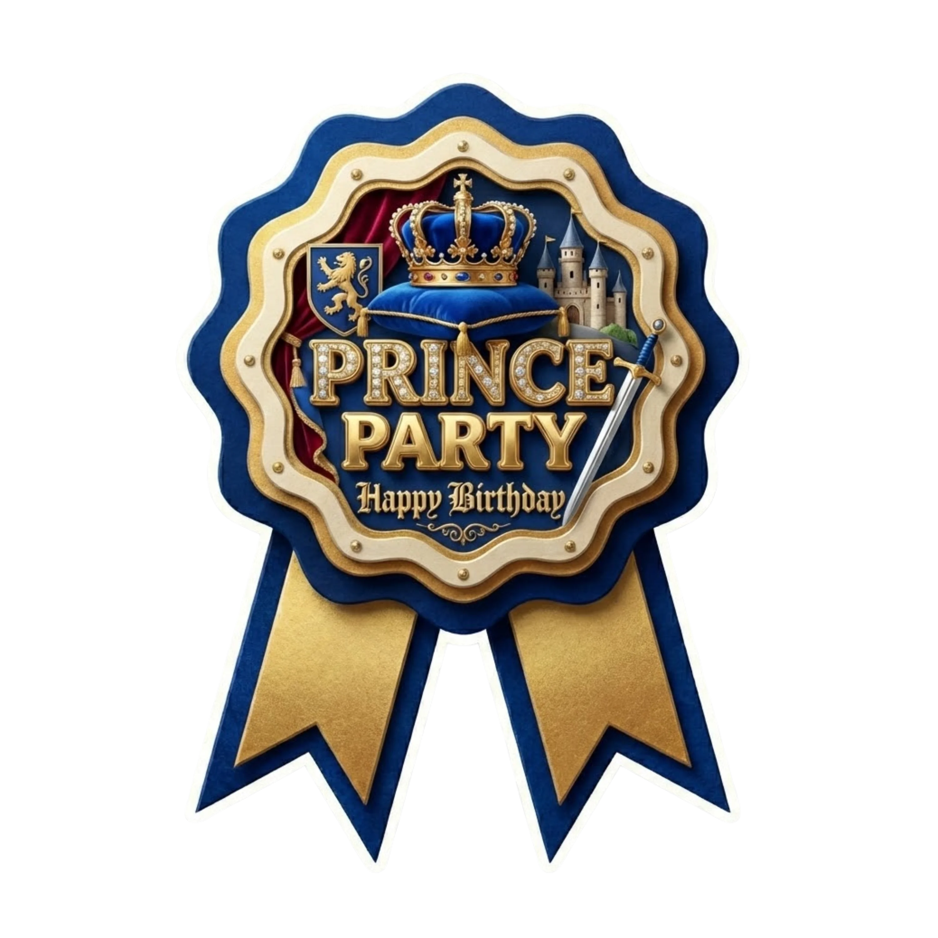 Prince Theme Paper Badges For Kids Birthday Party Supplies (Pack Of 16) - 300 GSM Premium Cardstock with Pin (3.7 x 3 Inch)