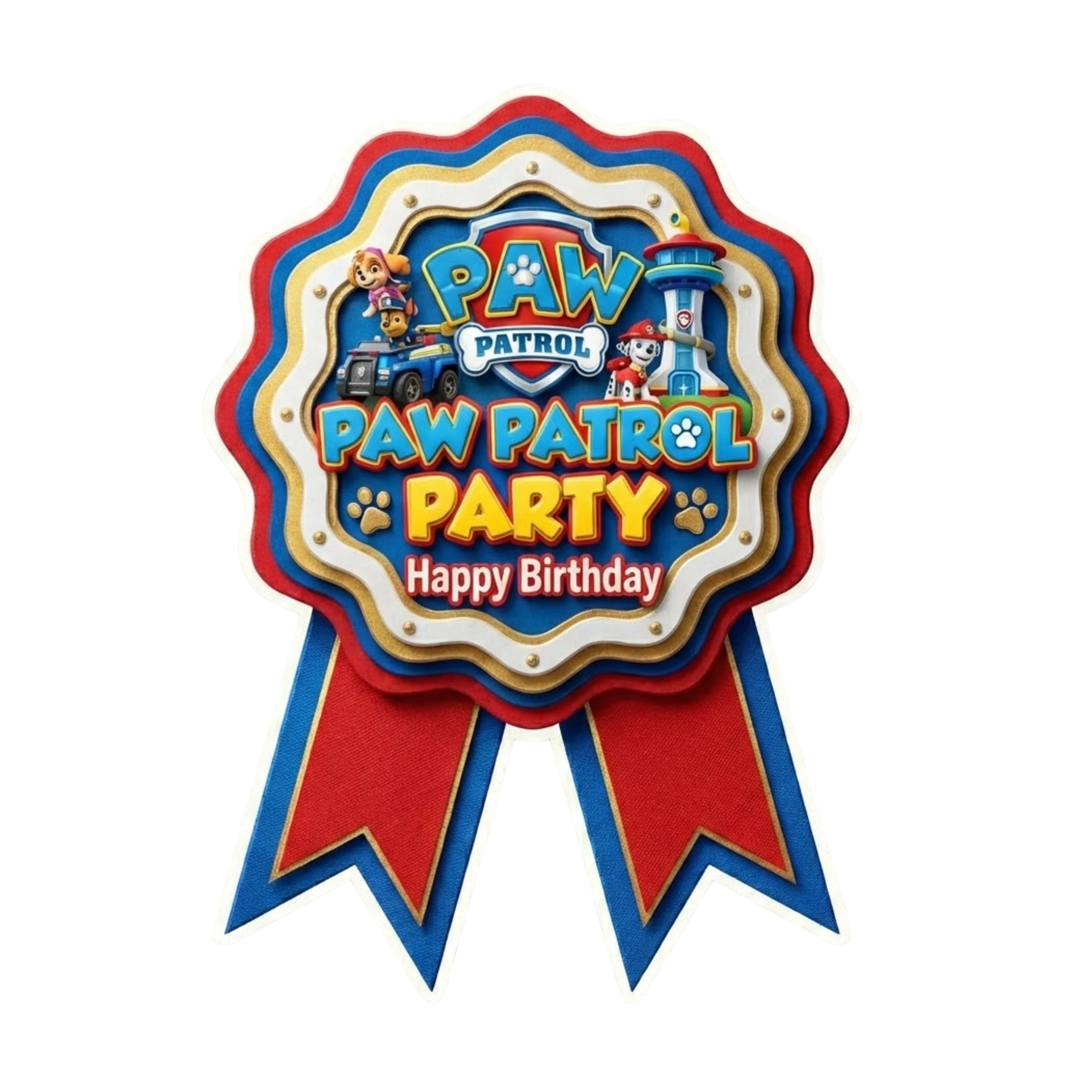 Paw Patrol Theme Paper Badges For Kids Birthday Party Supplies (Pack Of 16) - 300 GSM Premium Cardstock with Pin (3.7 x 3 Inch)