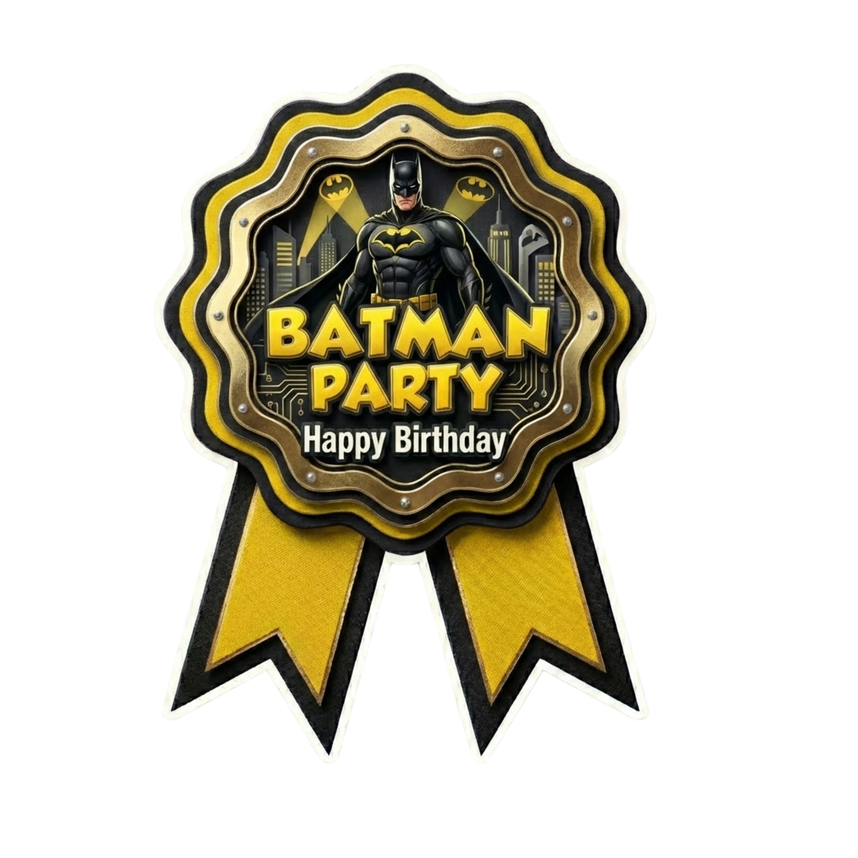 Batman Theme Paper Badges For Kids Birthday Party Supplies (Pack Of 16) - 300 GSM Premium Cardstock with Pin (3.7 x 3 Inch)