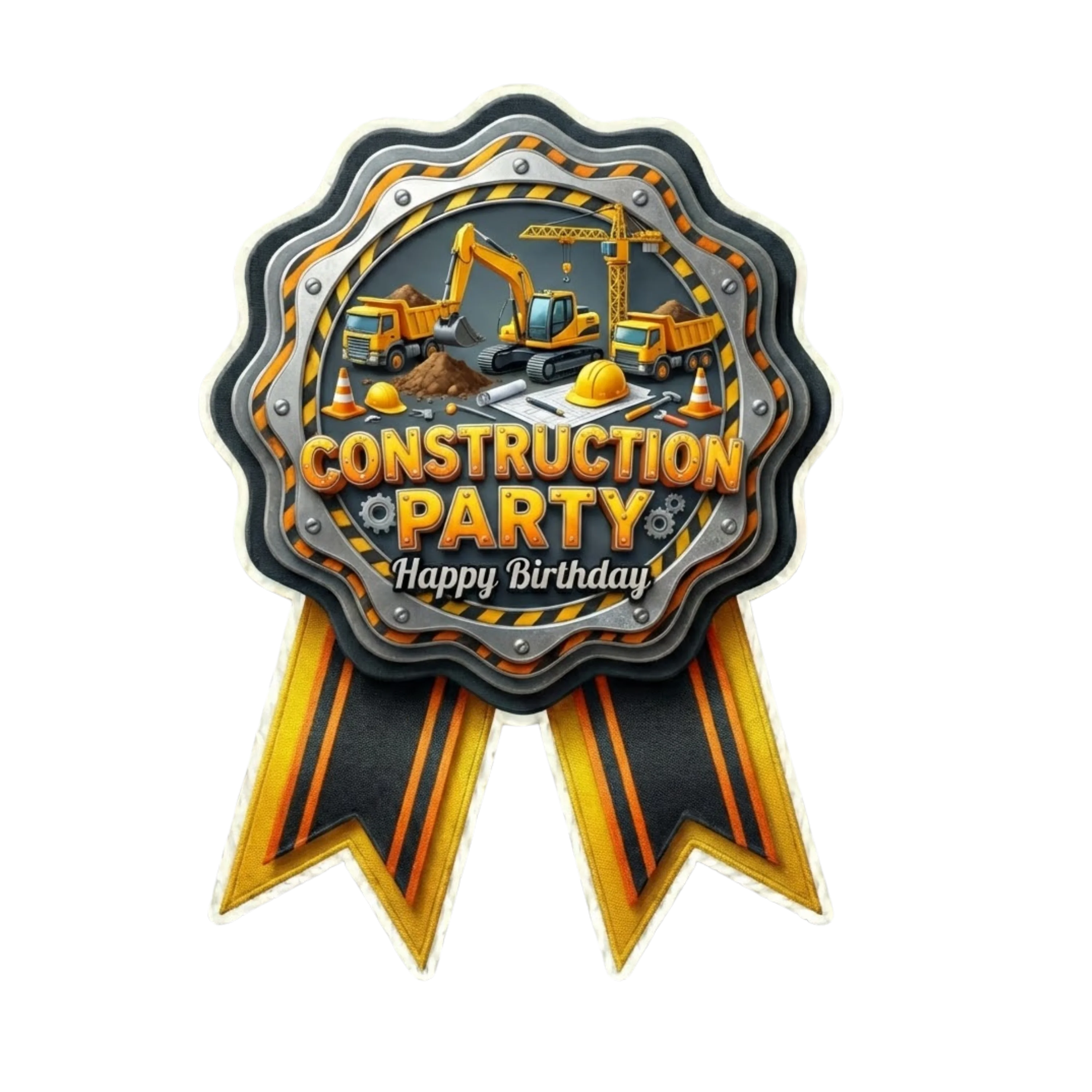 Construction Theme Paper Badges For Kids Birthday Party Supplies (Pack Of 16) - 300 GSM Premium Cardstock with Pin (3.7 x 3 Inch)