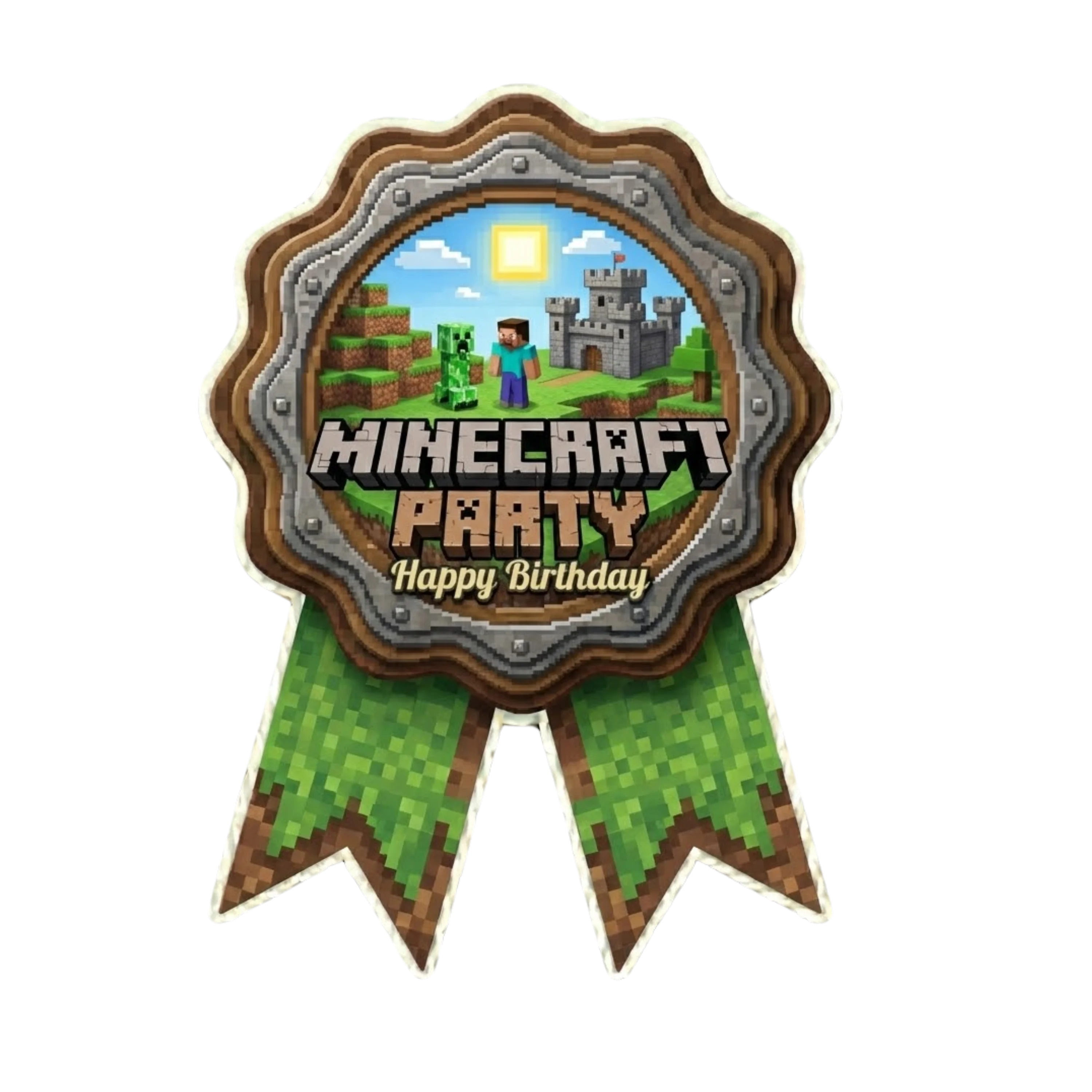 Minecraft Theme Paper Badges For Kids Birthday Party Supplies (Pack Of 16) - 300 GSM Premium Cardstock with Pin (3.7 x 3 Inch)