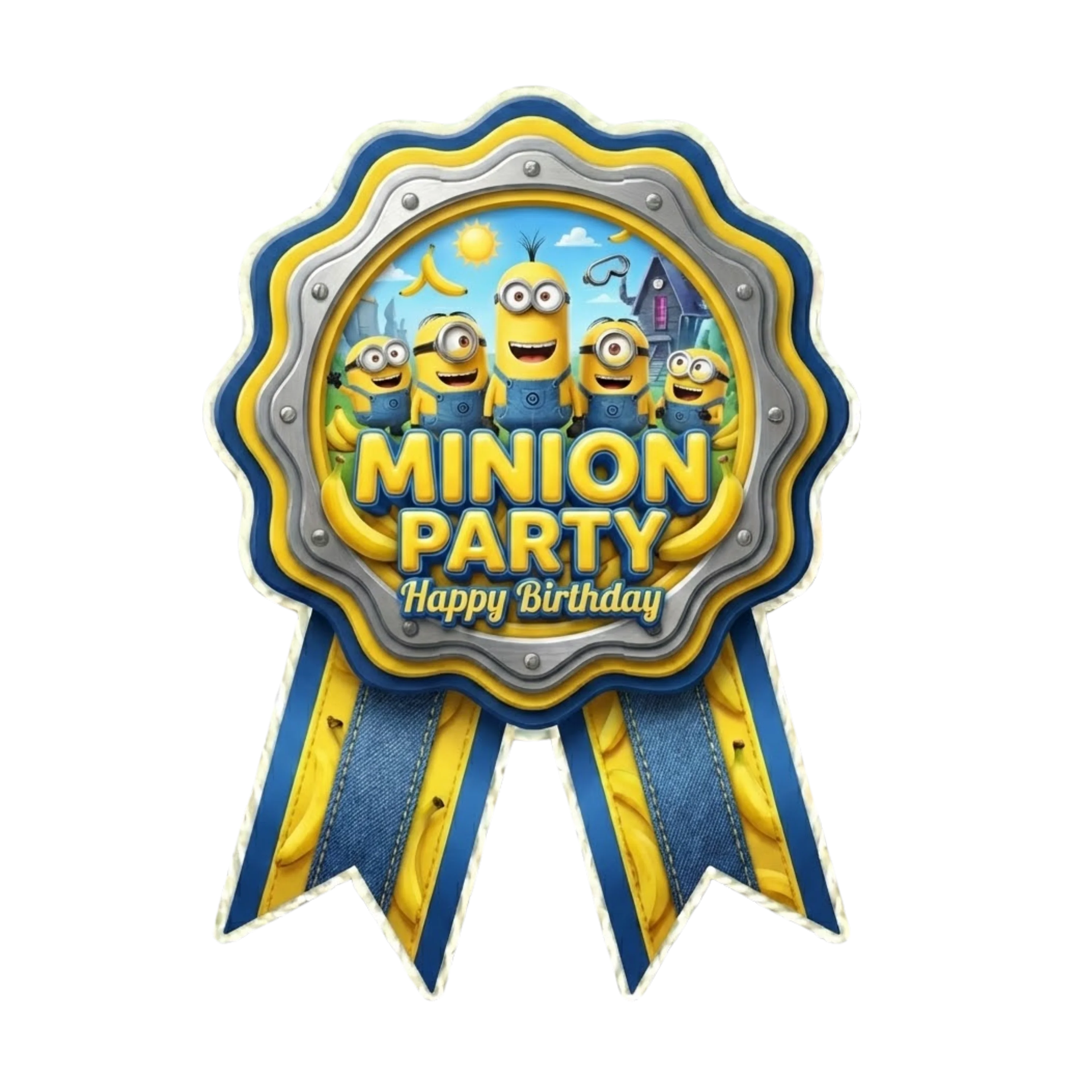 Minions Theme Paper Badges For Kids Birthday Party Supplies (Pack Of 16) - 300 GSM Premium Cardstock with Pin (3.7 x 3 Inch)