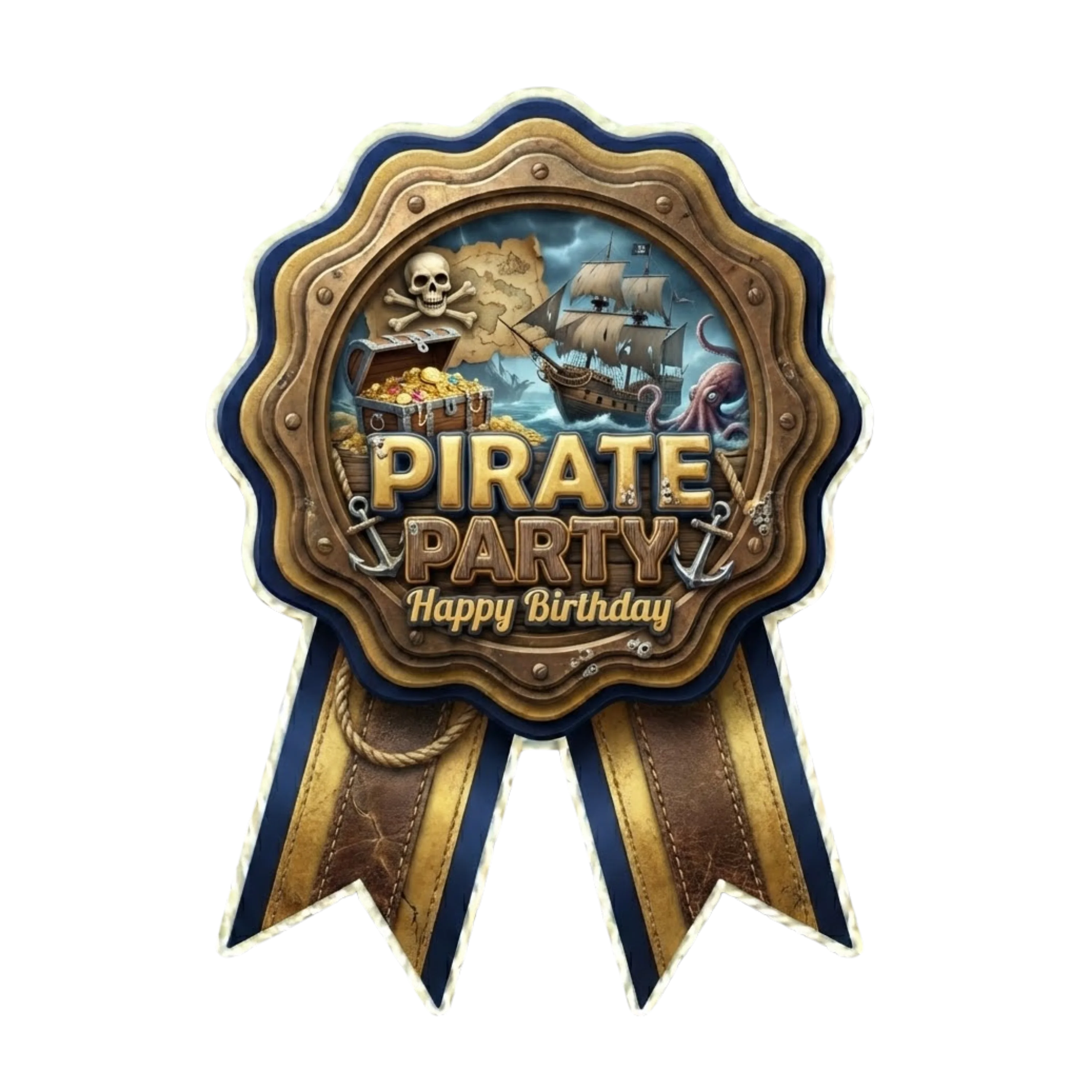 Pirate Theme Paper Badges For Kids Birthday Party Supplies (Pack Of 16) - 300 GSM Premium Cardstock with Pin (3.7 x 3 Inch)