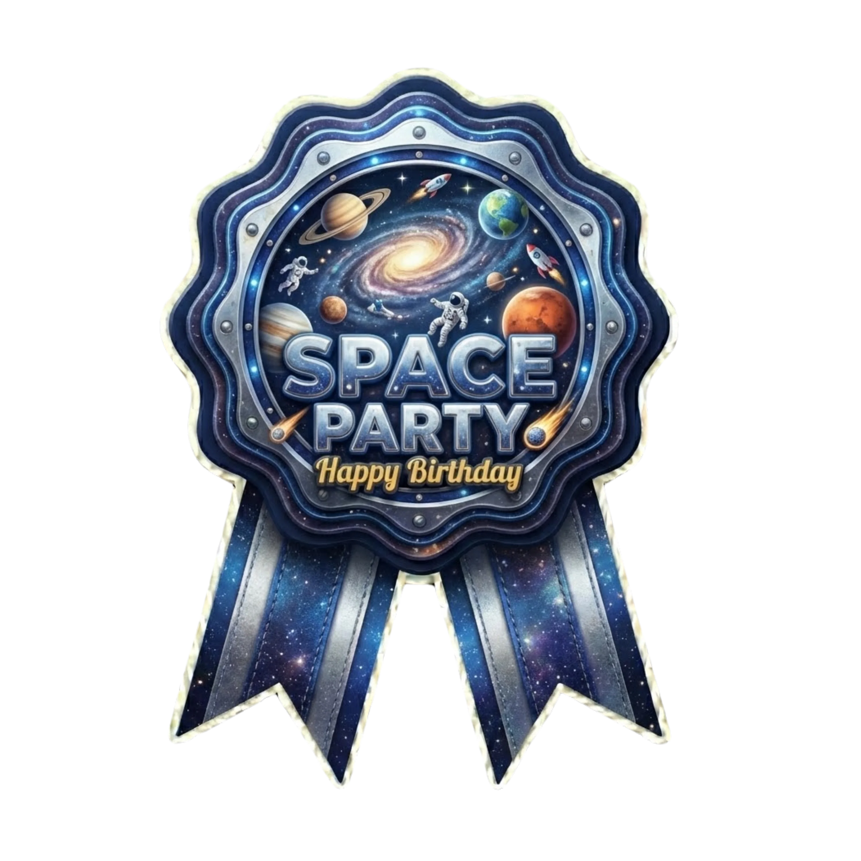 Space Theme Paper Badges For Kids Birthday Party Supplies (Pack Of 16) - 300 GSM Premium Cardstock with Pin (3.7 x 3 Inch)
