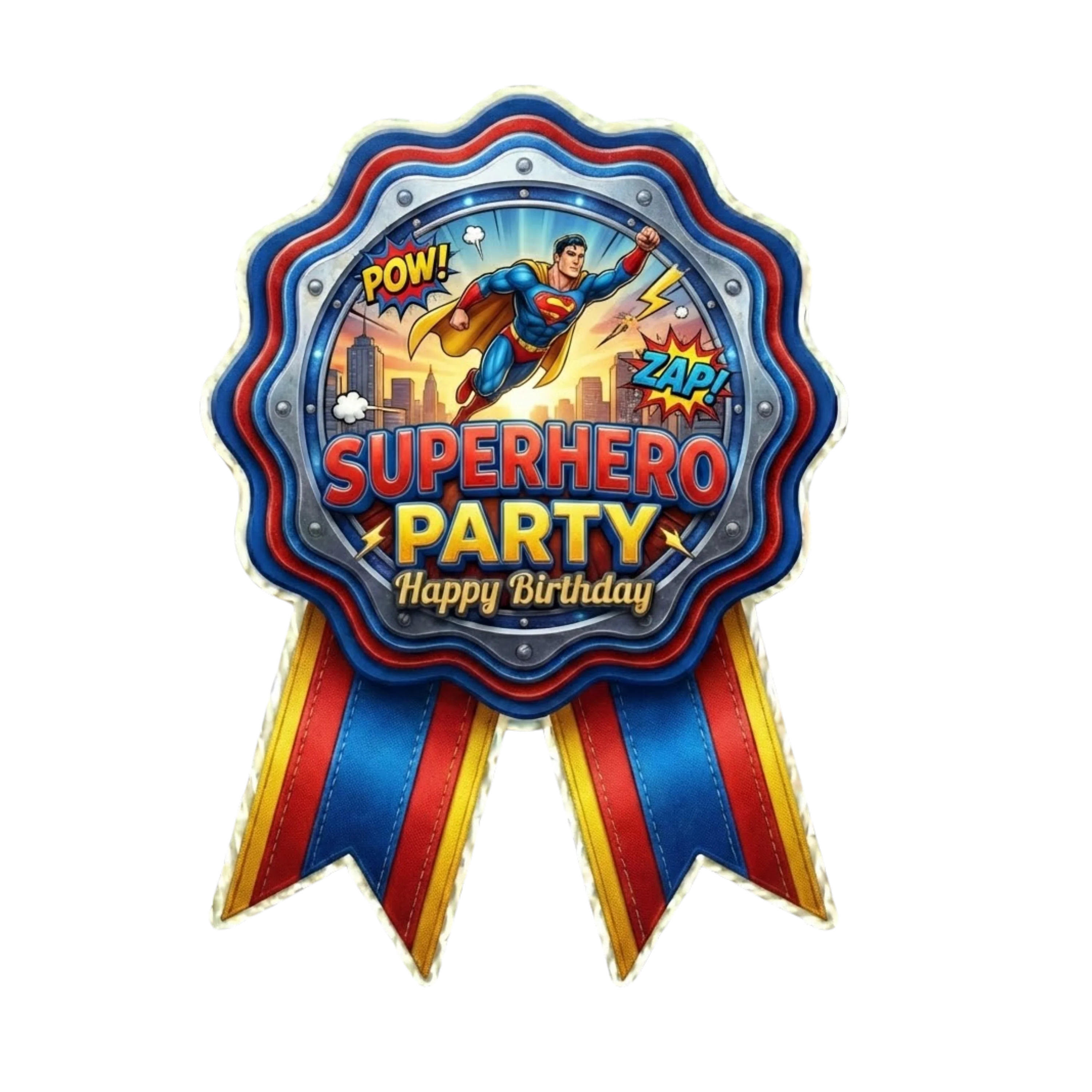 Super Hero Theme Paper Badges For Kids Birthday Party Supplies (Pack Of 16) - 300 GSM Premium Cardstock with Pin (3.7 x 3 Inch)