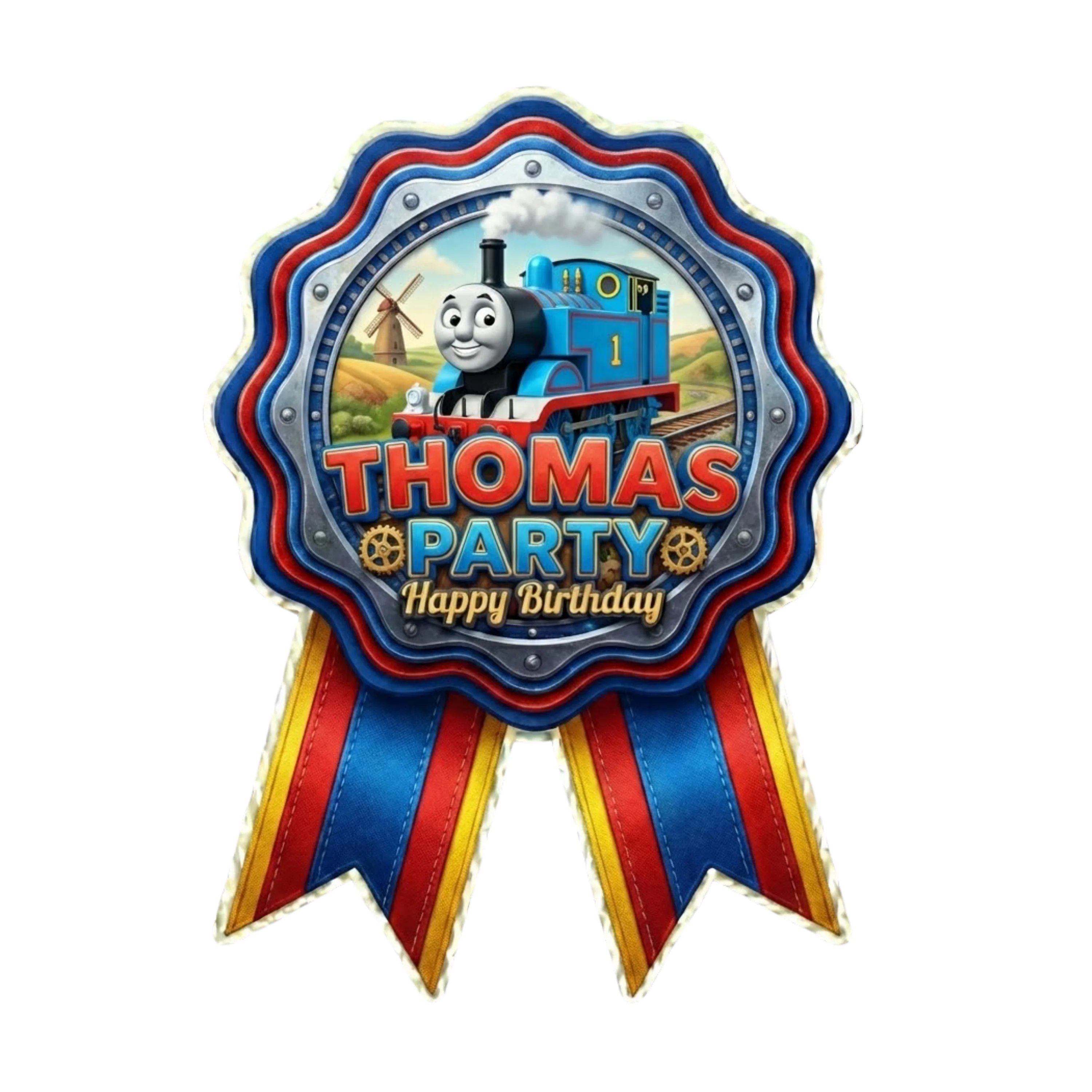 Thomas The Tank Engine Theme Paper Badges For Kids Birthday Party Supplies (Pack Of 16) - 300 GSM Premium Cardstock with Pin (3.7 x 3 Inch)