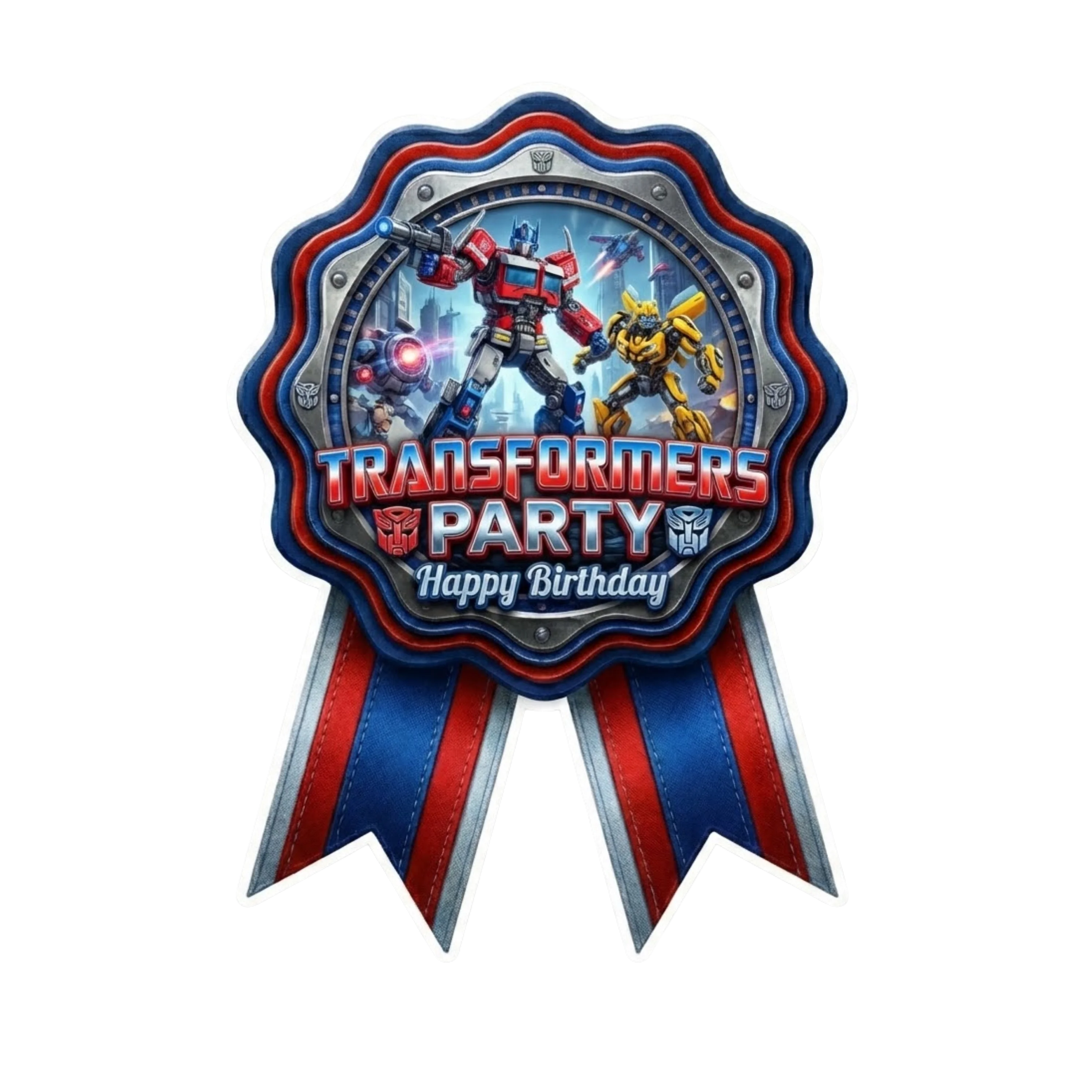 Transformers Theme Paper Badges For Kids Birthday Party Supplies (Pack Of 16) - 300 GSM Premium Cardstock with Pin (3.7 x 3 Inch)
