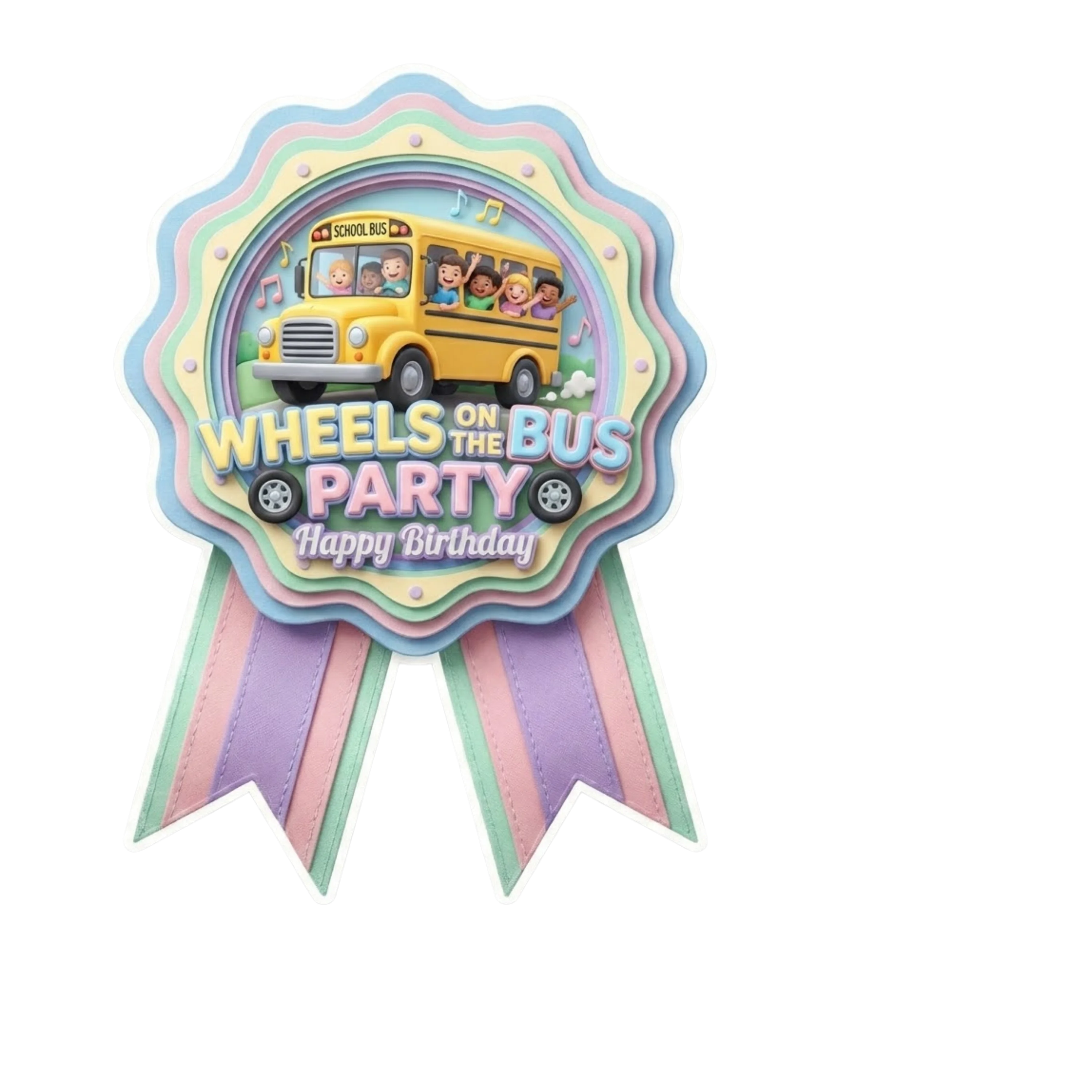 Wheels On The Bus Theme Paper Badges For Kids Birthday Party Supplies (Pack Of 16) - 300 GSM Premium Cardstock with Pin (3.7 x 3 Inch)