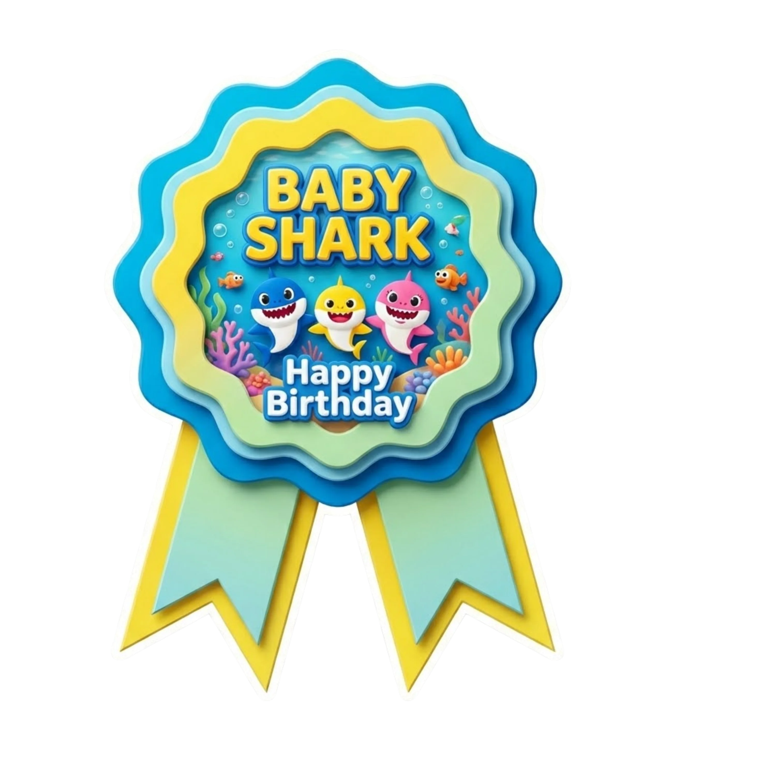 Baby Shark Theme Paper Badges For Kids Birthday Party Supplies (Pack Of 16) - 300 GSM Premium Cardstock with Pin (3.7 x 3 Inch)