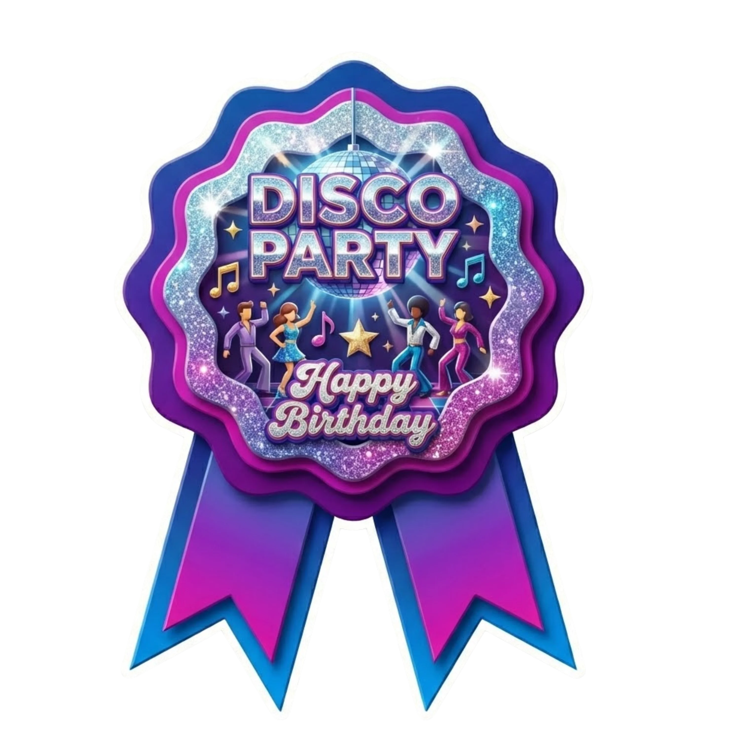 Disco Party Theme Paper Badges For Kids Birthday Party Supplies (Pack Of 16) - 300 GSM Premium Cardstock with Pin (3.7 x 3 Inch)