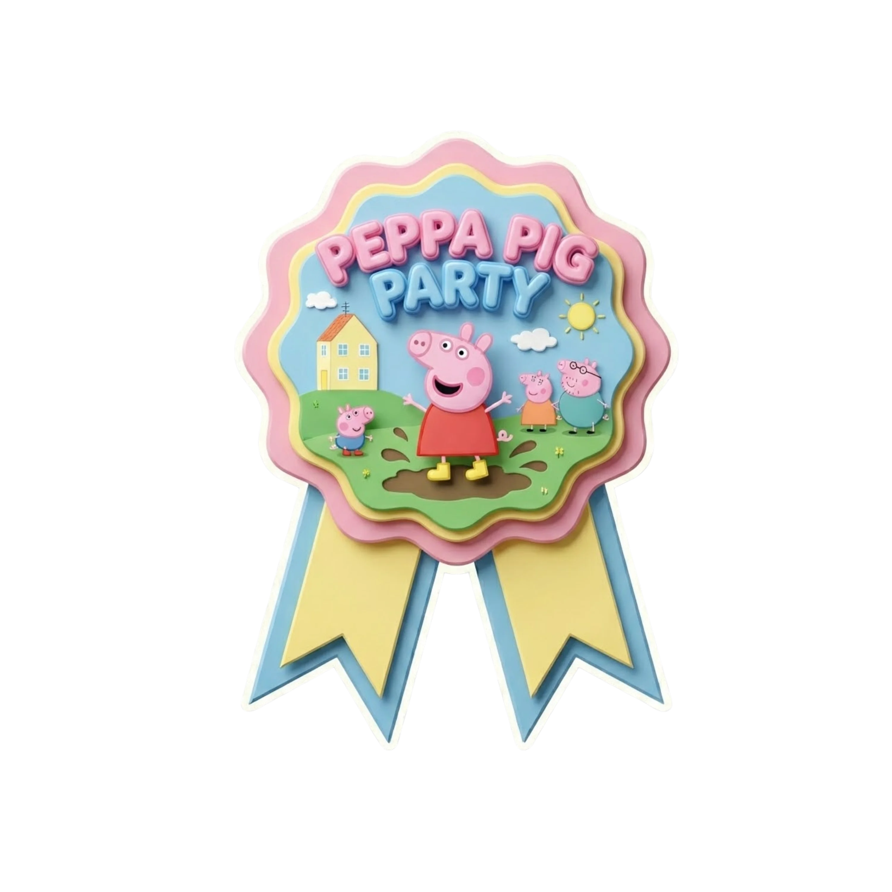 Peppa Pig Theme Paper Badges For Kids Birthday Party Supplies (Pack Of 16) - 300 GSM Premium Cardstock with Pin (3.7 x 3 Inch)