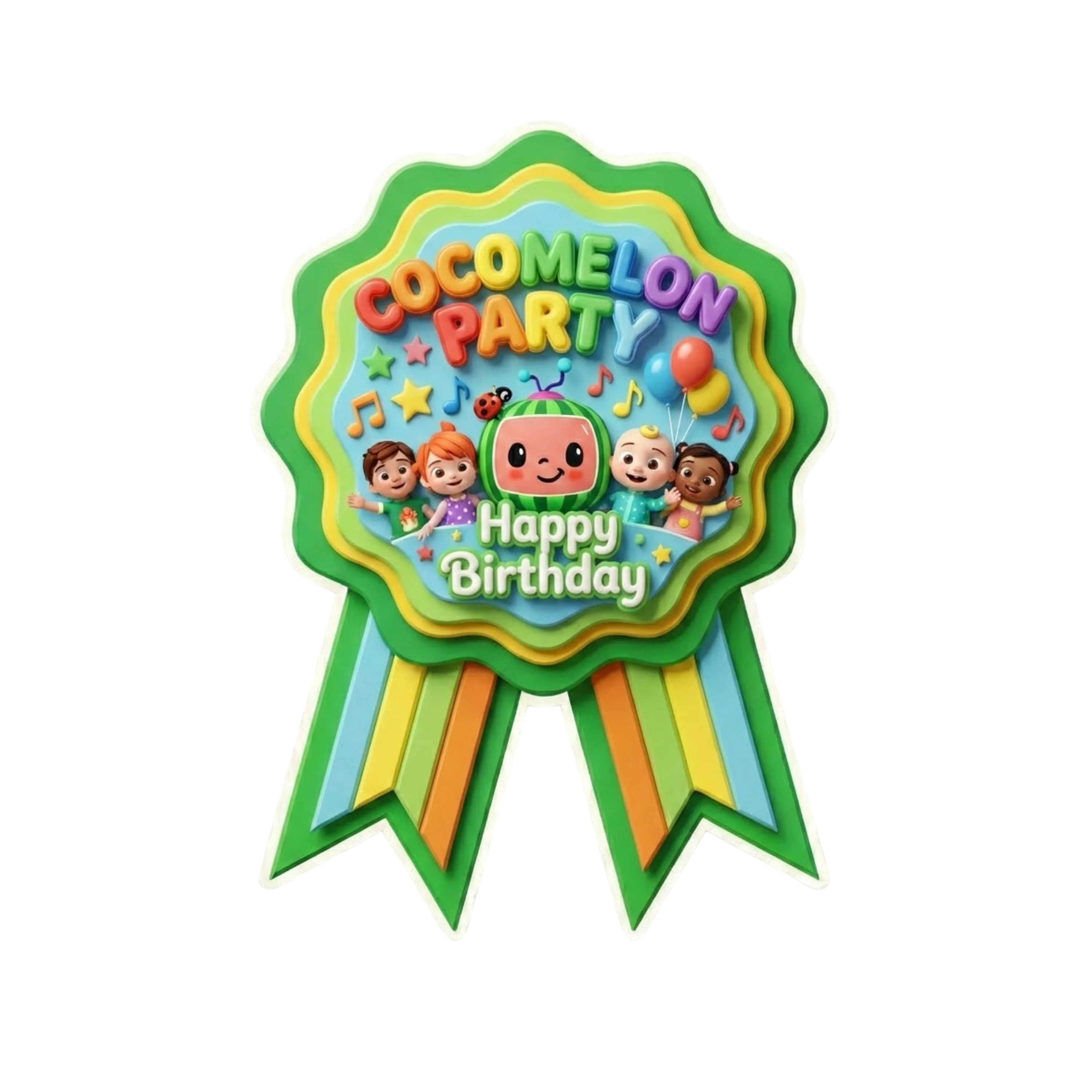 Cocomelon Theme Paper Badges For Kids Birthday Party Supplies (Pack Of 16) - 300 GSM Premium Cardstock with Pin (3.7 x 3 Inch)