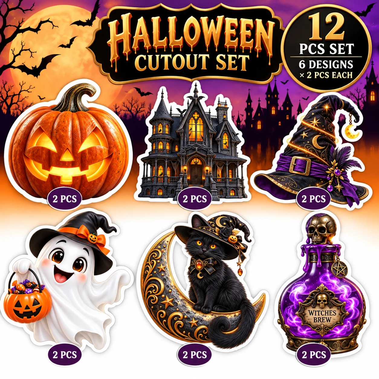Halloween Theme Cutouts (Pack of 12) Party Supplies - 300 GSM Premium Cardstock Paper (Standard Size) [Single Sided HD Print] - Premium Party Decor Supply by Party Decor Mall - View 1