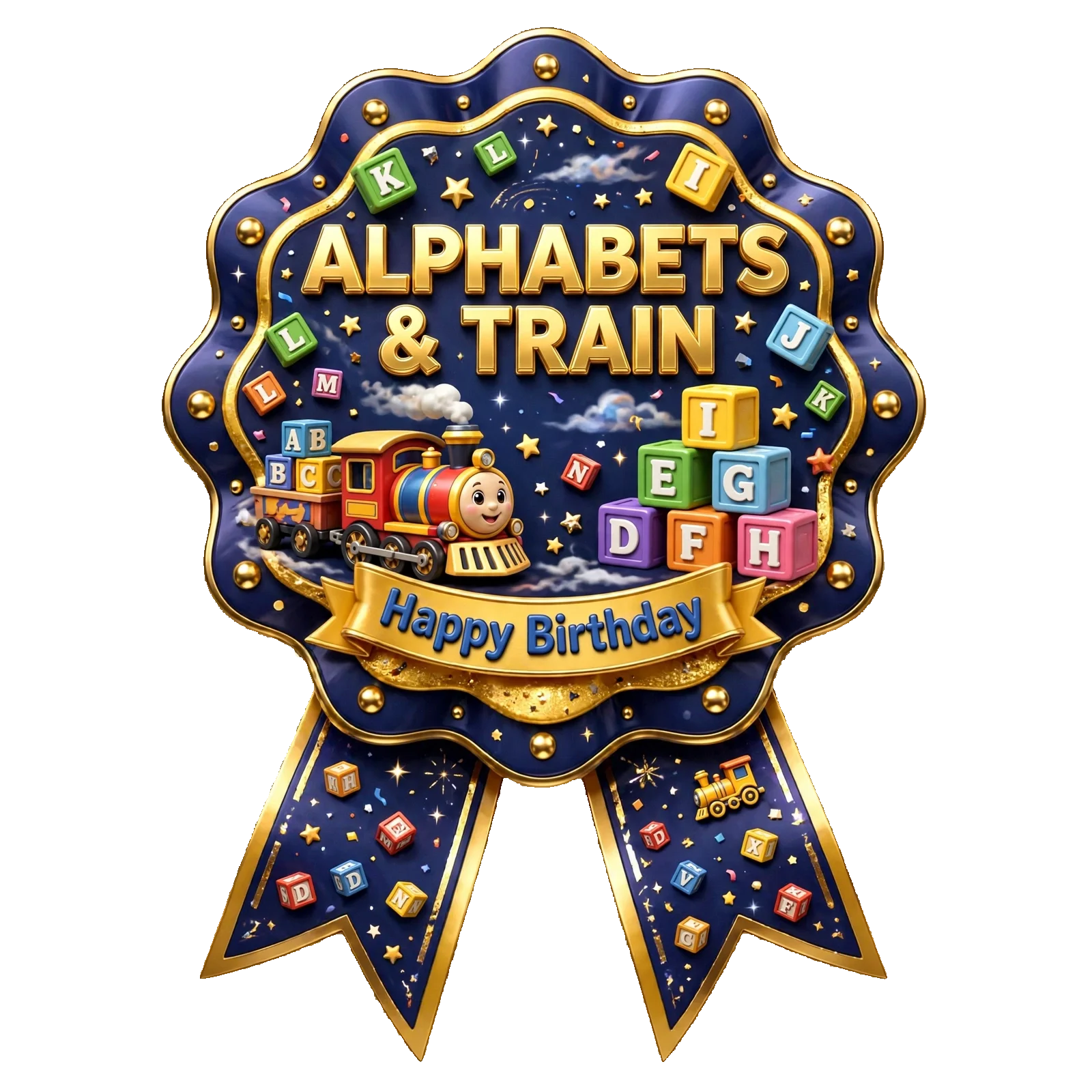 Alphabets & Train Theme Theme Badges Birthday Party Supplies (PACK OF 16) - 300 GSM Premium Cardstock with Pin (3.7 x 3 Inch)