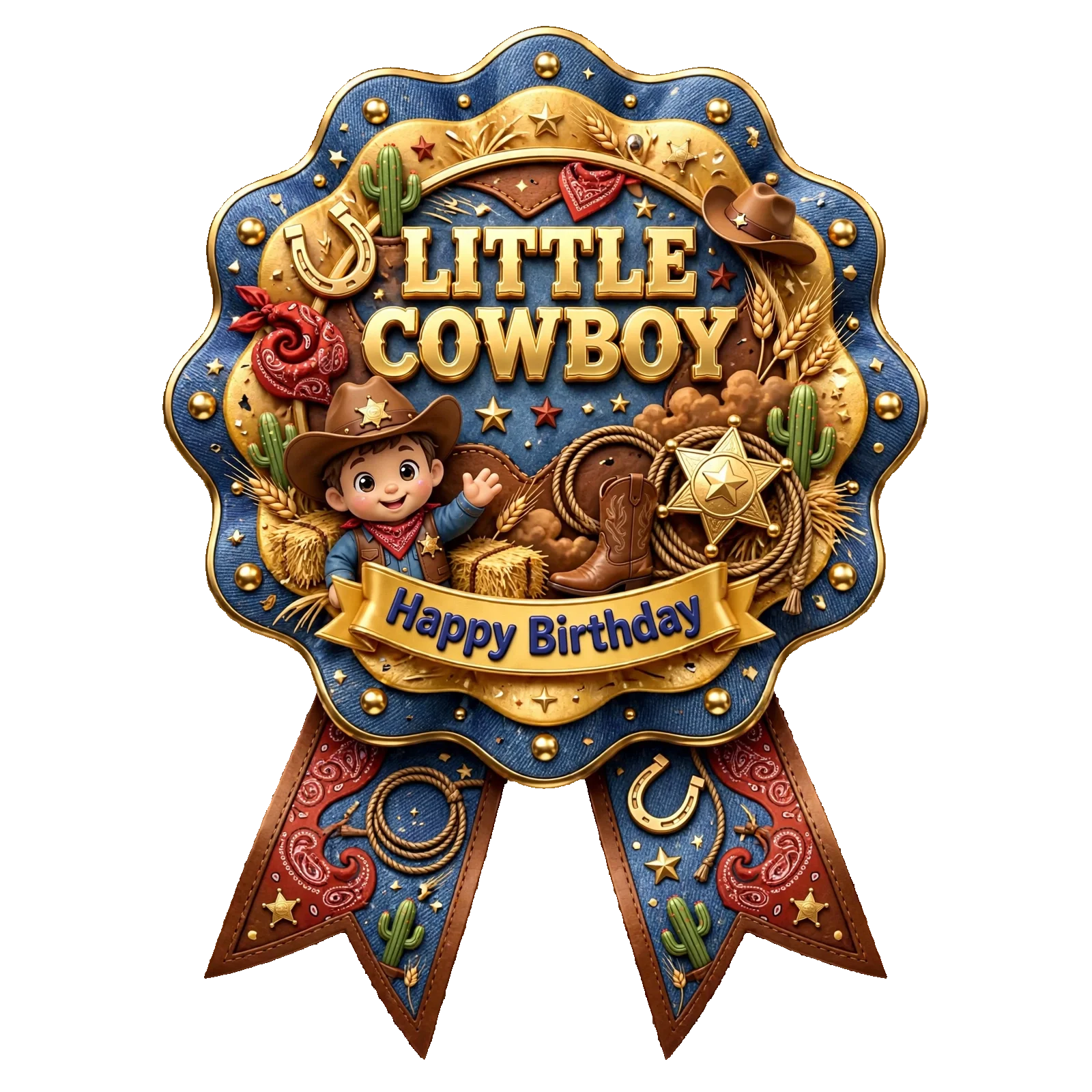 Little Cowboy Theme Theme Badges Birthday Party Supplies (PACK OF 16) - 300 GSM Premium Cardstock with Pin (3.7 x 3 Inch) - Premium Party Decor Supply by Party Decor Mall - View 1