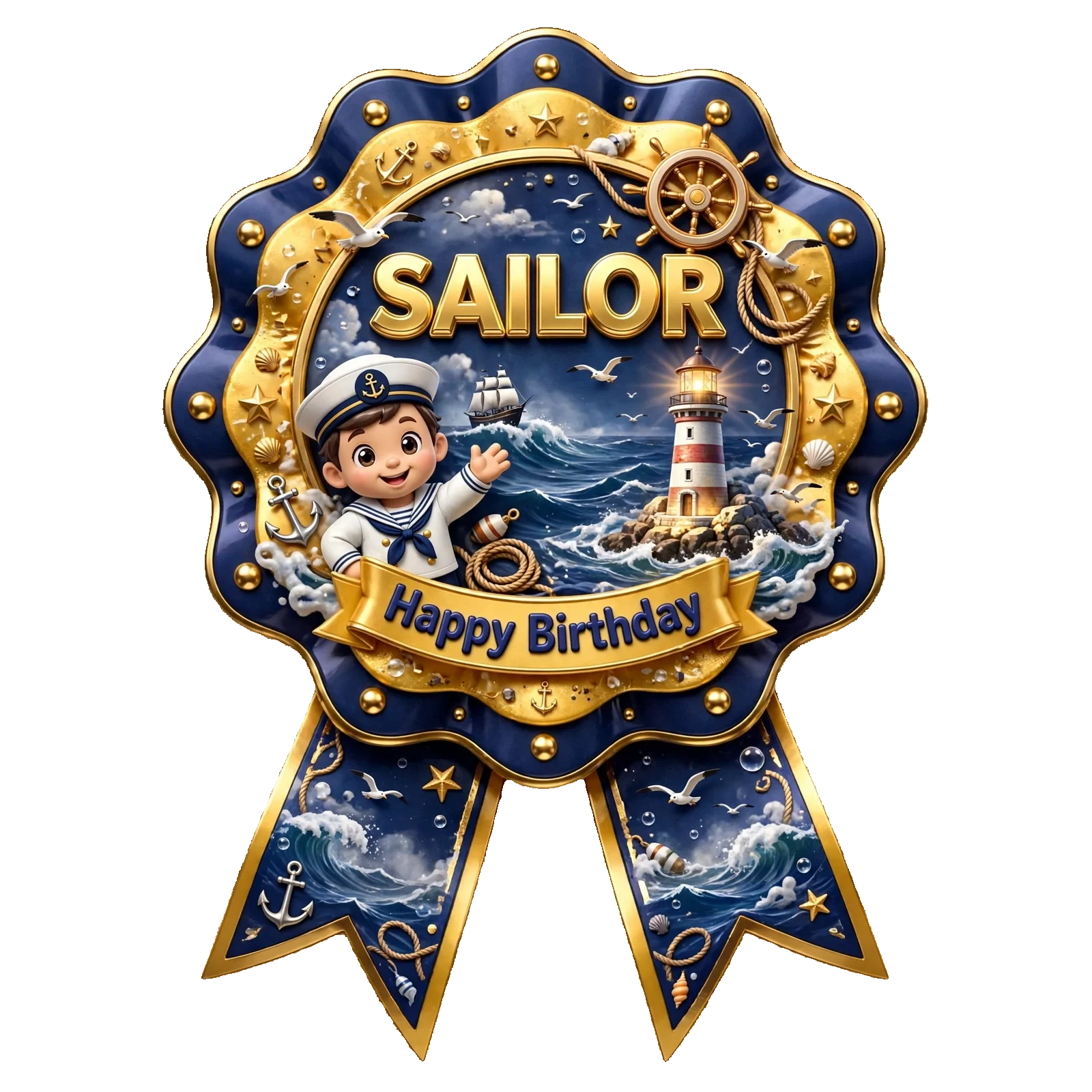 Sailor Theme Theme Badges Birthday Party Supplies (PACK OF 16) - 300 GSM Premium Cardstock with Pin (3.7 x 3 Inch) - Premium Party Decor Supply by Party Decor Mall - View 1