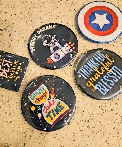 Theme Based Customisable Badges and fridge magnets. Book your orders now, call us for bulk orders 8400 567 893. #fridgem
