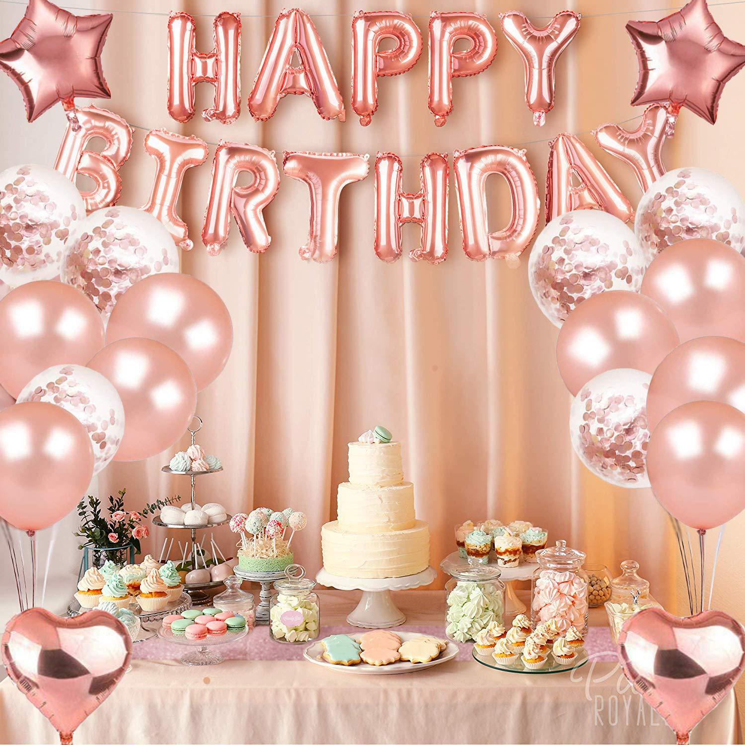 Rose Gold Birthday Party Supplies Happy Birthday Banner Star Heart Foil Balloons Rose Gold Birthday Party Decoration set