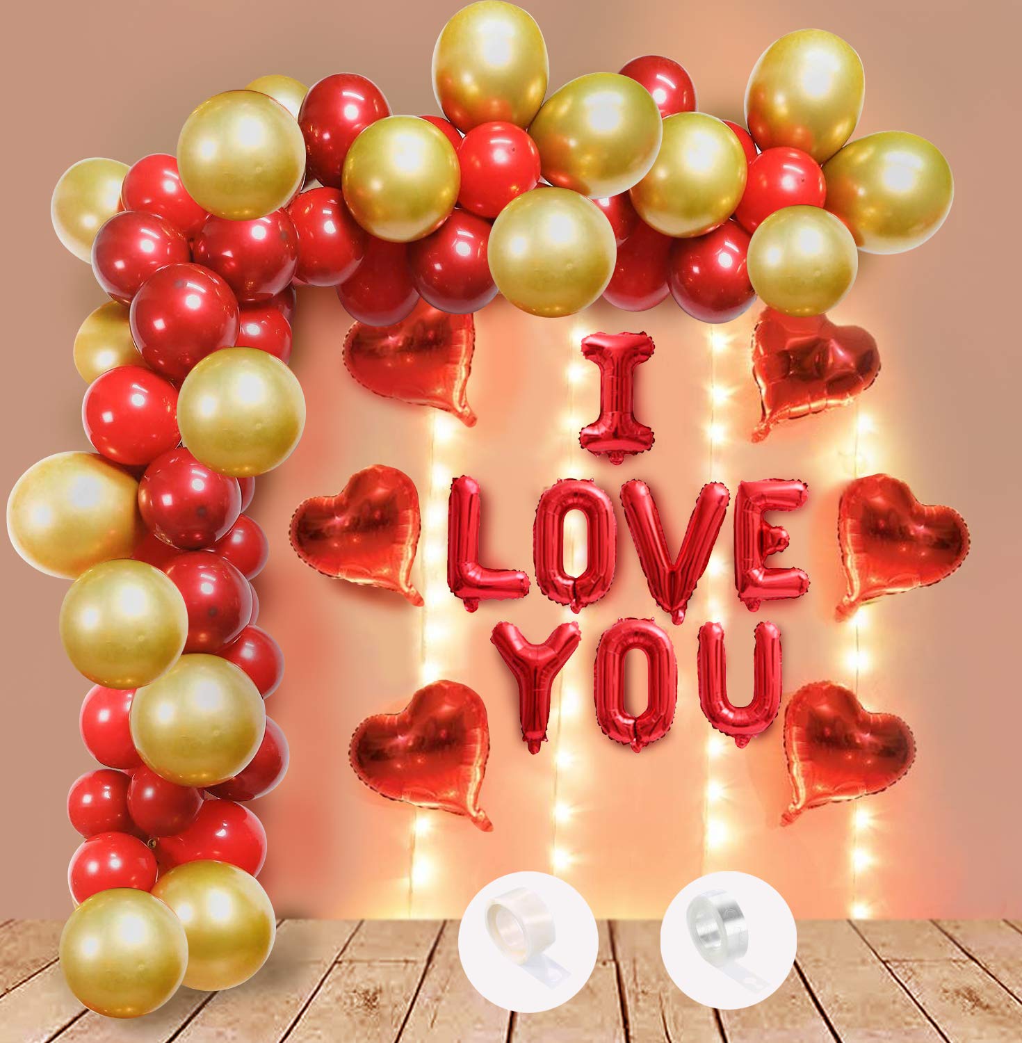 Red Golden Birthday Anniversary Balloon Decoration Items With Led Light--I love You Foil Balloon, Heart Balloons and Metallic Balloon