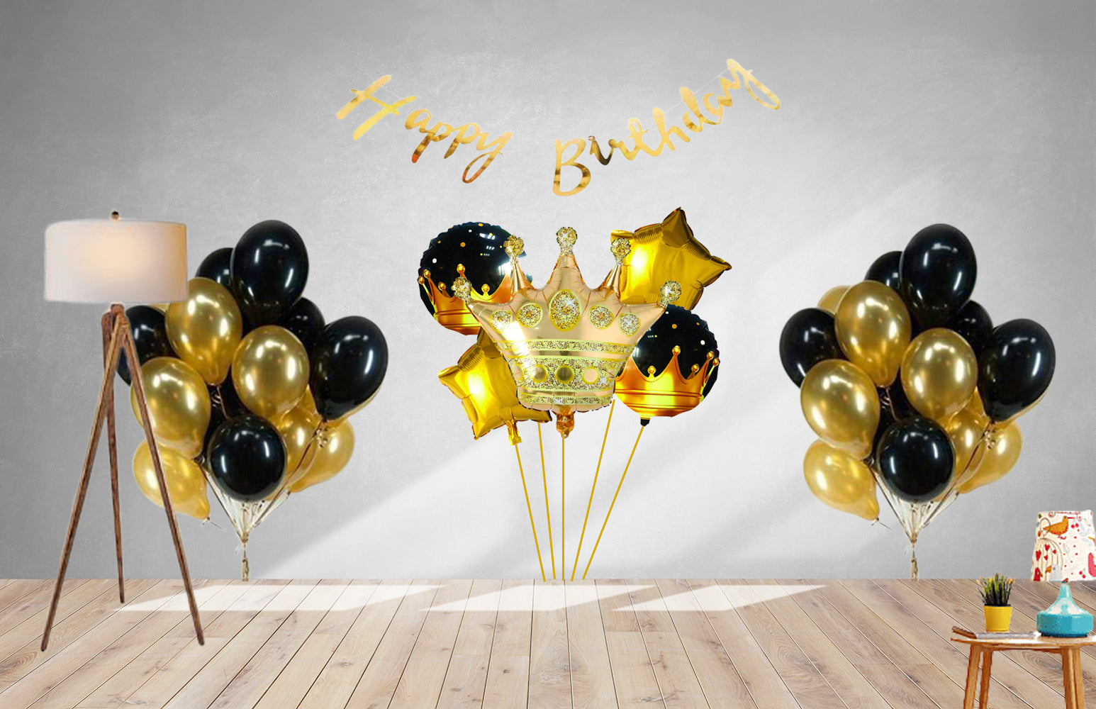 37 Pcs DIY Happy Birthday Kit - Metallic Gold, Black Balloon, Gold Star, 5Pcs Crown Set, Gold Happy Birthday Banner - Premium Handcrafted 300 GSM Balloon Kit by Party Decor Mall India - View 1
