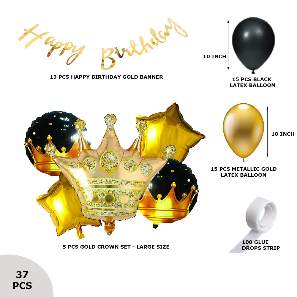 37 Pcs DIY Happy Birthday Kit - Metallic Gold, Black Balloon, Gold Star, 5Pcs Crown Set, Gold Happy Birthday Banner - Premium Handcrafted 300 GSM Balloon Kit by Party Decor Mall India - View 2