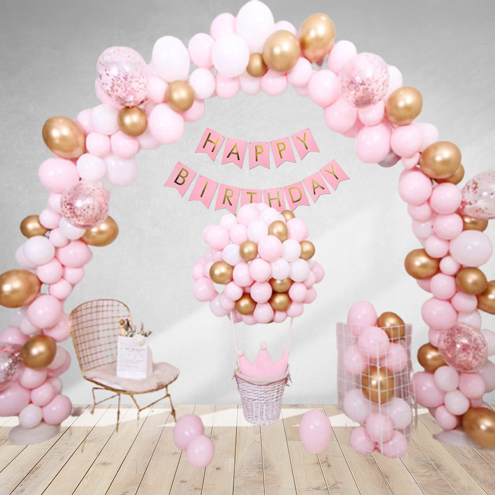 Pink Latex Balloon, Gold Metallic Balloon, Silver Metallic Balloon, RoseGold Confetti Balloon & Pink Happy Birthday Banner (120 Pcs) - Premium Party Supply by Party Decor Mall