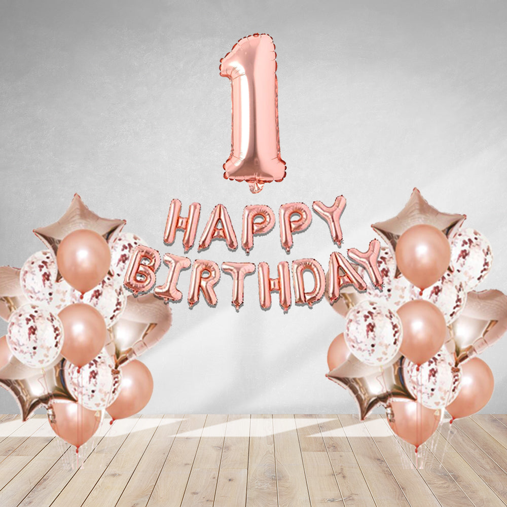 RoseGold Metallic Balloon, RoseGold Confetti, RoseGold Star Foil, RoseGold Heart Foil, RoseGold Foil Happy Birthday & RoseGold foil numbers(43 Pcs) - Premium Birthday Decoration by Party Decor Mall