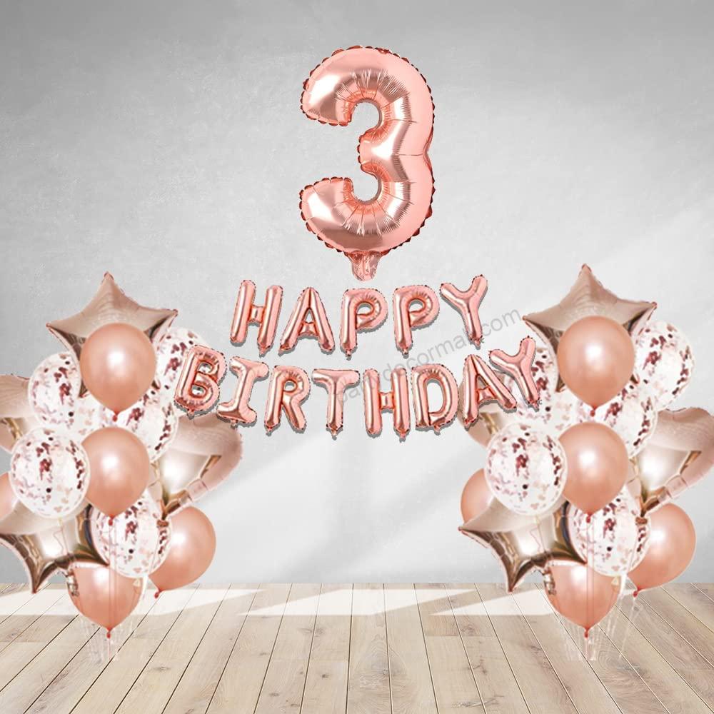Rosegold Birthday Decor Metallic Balloon, Confetti, Star Foil Balloon, Heart Foil Balloon, Foil Happy Birthday & foil Number (3) - Premium Foil Balloon by Party Decor Mall