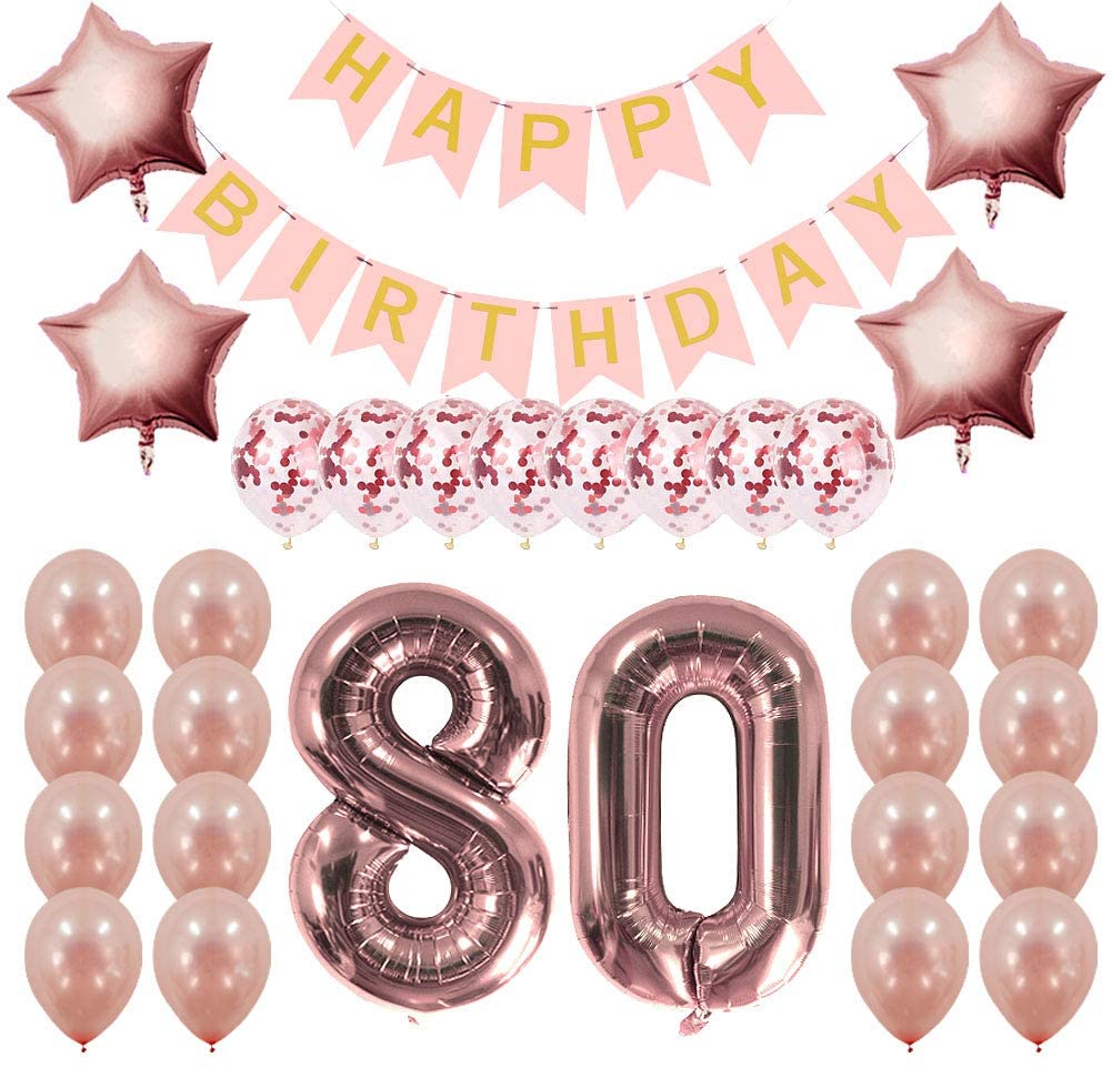 Rose Gold 80Th Birthday Decorations Party Supplies Gifts For Women - Happy Birthday Banner, 80 Number And Confetti Balloons - Premium Birthday Decoration, Confetti Balloons, Party Supplies, Balloons by Party Decor Mall