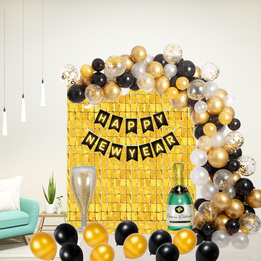 Happy New Year Black & Gold Decoration with Bottle Glass Foil Balloon (87 pieces )