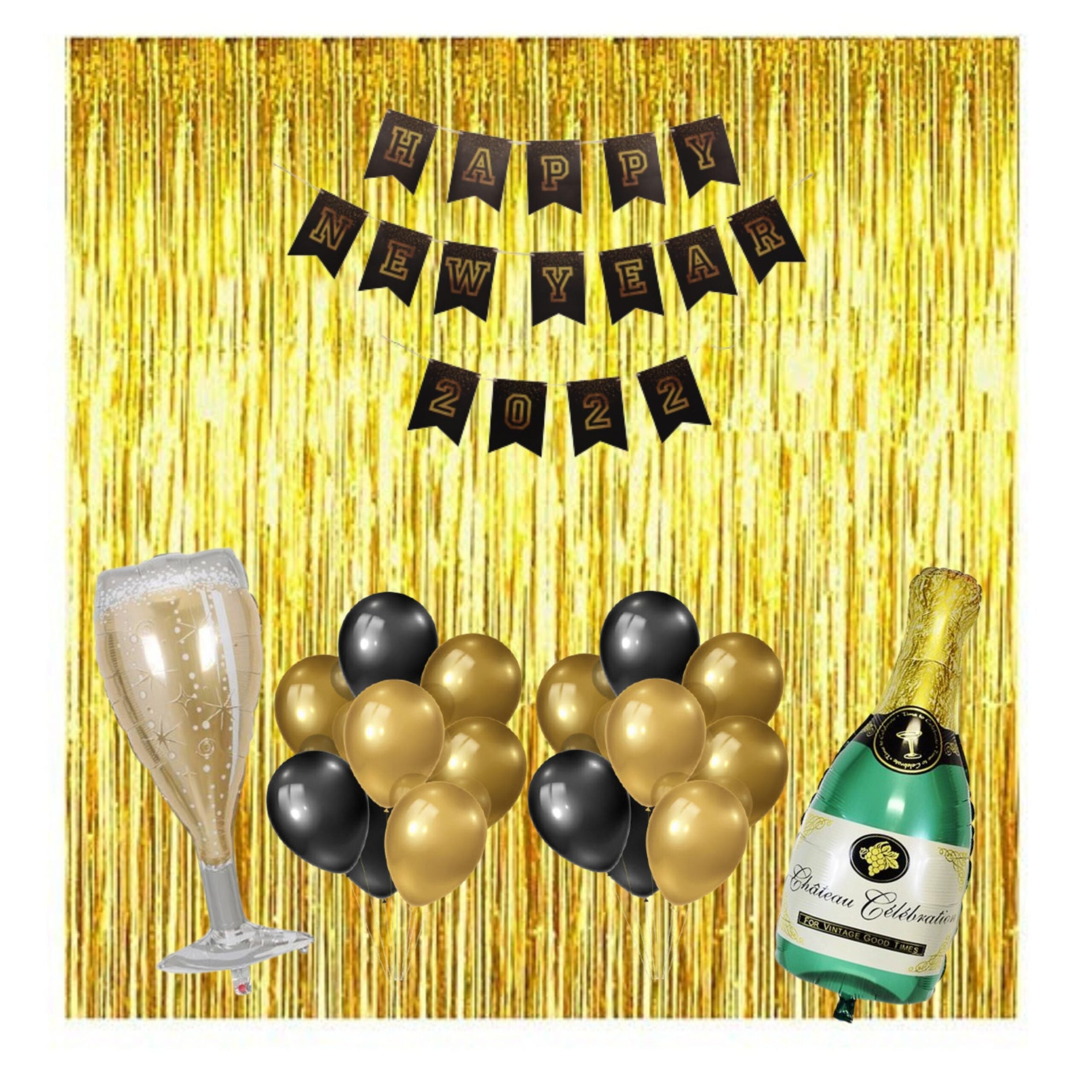 Happy New Year Banner for Decorations Black and Gold Letters Banner, Foil Curtain & Balloons Bottle Shape and Latex Balloons (57 pcs ) - Premium Balloons by Party Decor Mall