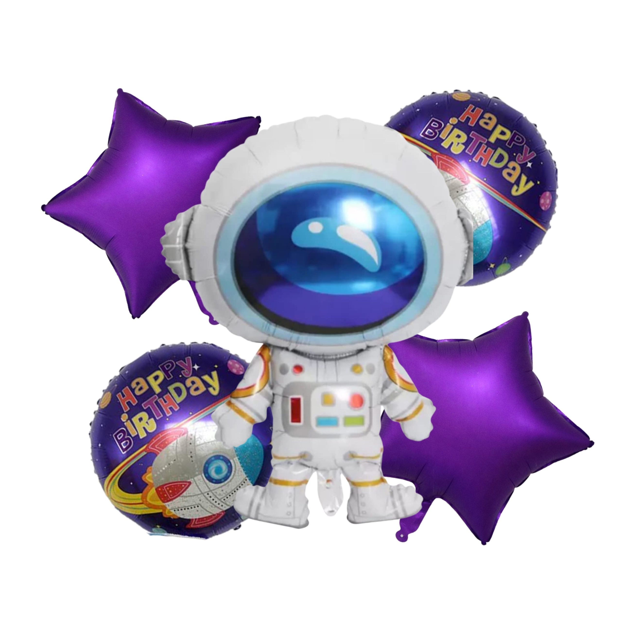 Party Decor Mall – Astronaut Happy Birthday Foil Balloon Set for Space Purple Theme Birthday Party – Pack of 5 - Premium Balloon Kit by Party Decor Mall