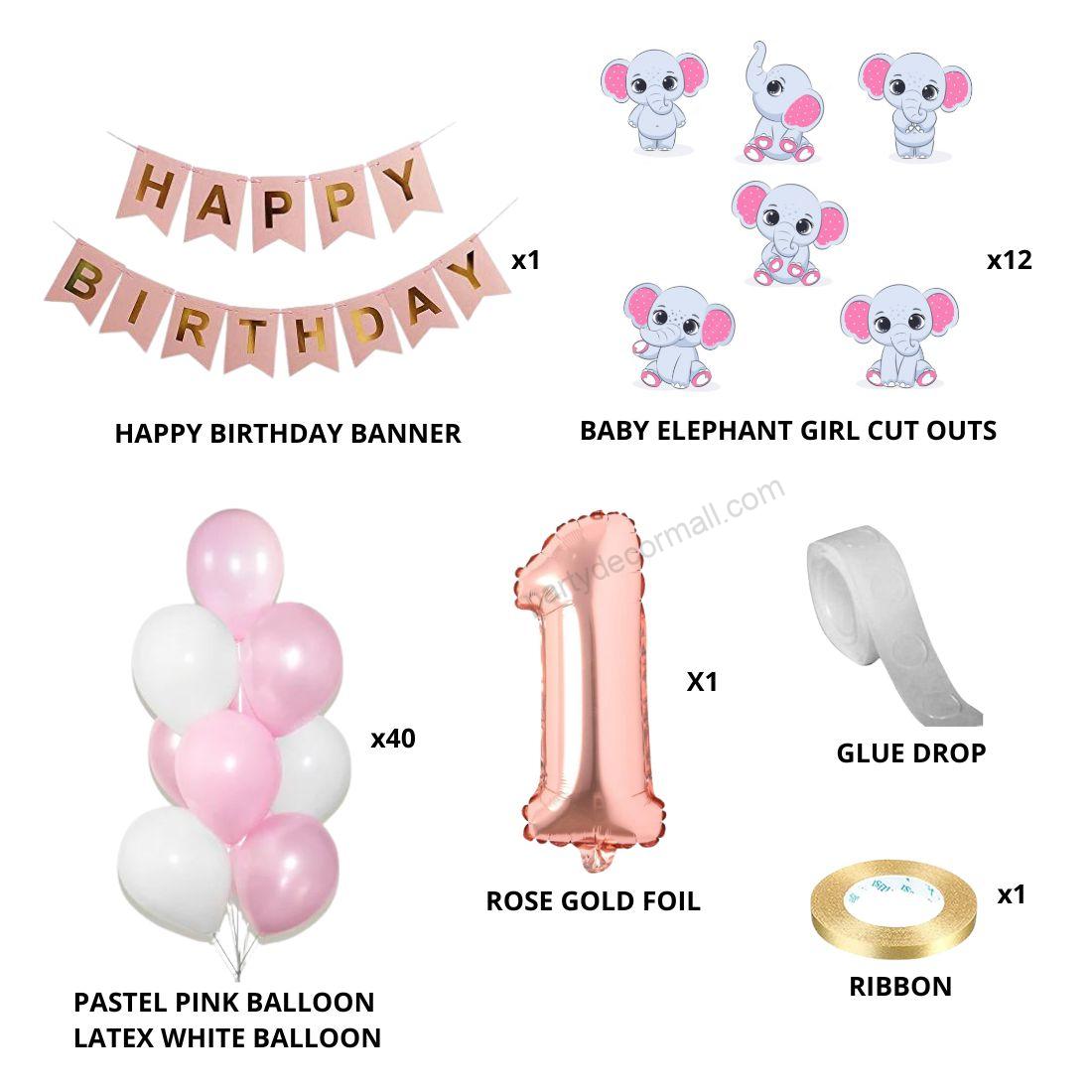 Baby Elephant Girl Theme Balloon with Number Foil Decor DIY Kit (56 Pcs) - Premium Birthday Decoration by Party Decor Mall