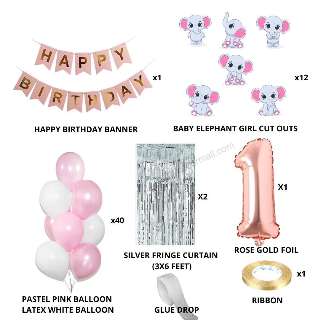 Baby Elephant Girl Theme Balloon with Number Foil Decor DIY Kit (58 Pcs) - Premium Birthday Decoration by Party Decor Mall